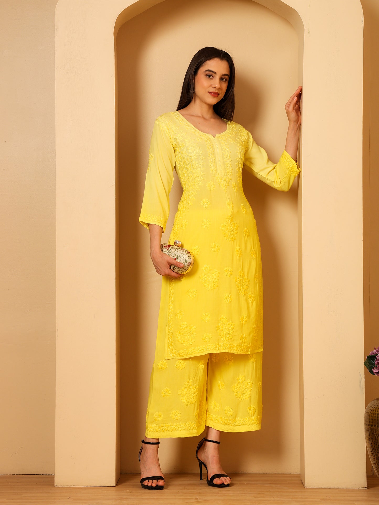 Nazaira Women’s Rayon Lucknow Chikankari Kurta Palazzo Set | Yellow Ombre Hand Embroidered Kurti Set | Ethnic Wear for Women | Handmade Luckhnawi Chickankari Kurta with Palazzo