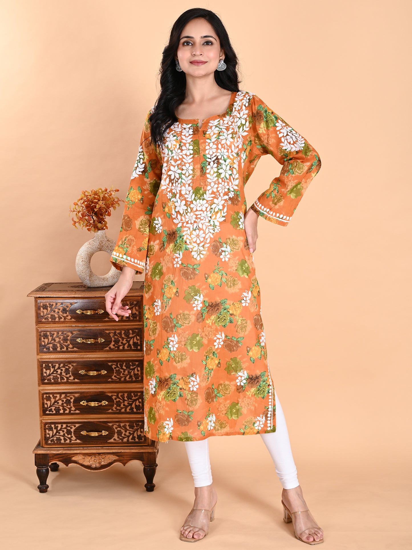 Mustard Mul Cotton Lucknowi Chikankari Floral Printed Long Kurti for Women with Hand Embroidery – Elegant Ethnic Wear Kurta