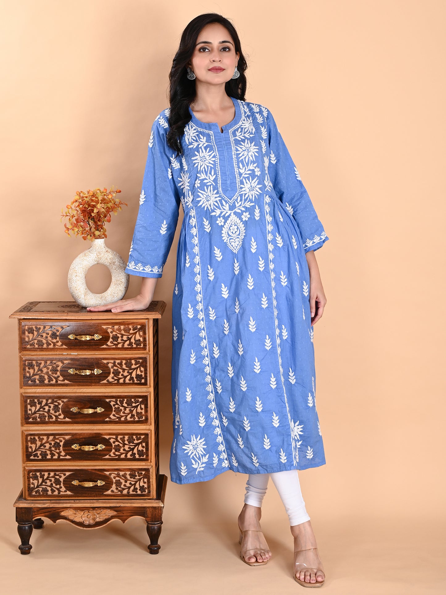 Blue Cotton Lucknowi Chikankari Long Gown Style Kurta for Women with White Hand Embroidery – Ethnic Wear Kurti