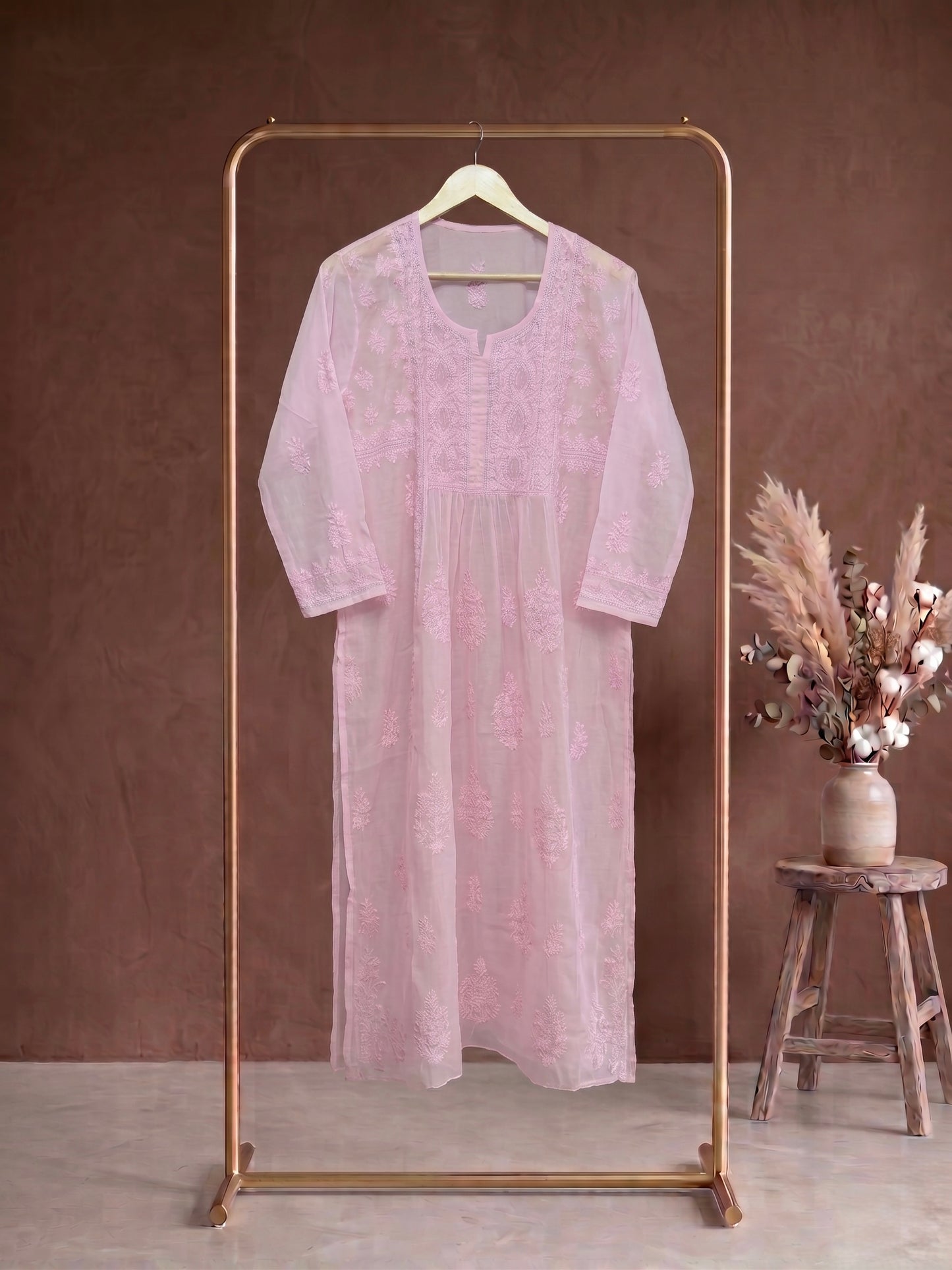 Nazaira Pure Mul Chanderi Semi-Stitched Suit for Women with Dupatta | Authentic Lucknow Chikankari Hand Embroidery | Heavy Cutdana Work | Naira Cut Gown Style Dress Material | Baby Pink Ethnic Wear