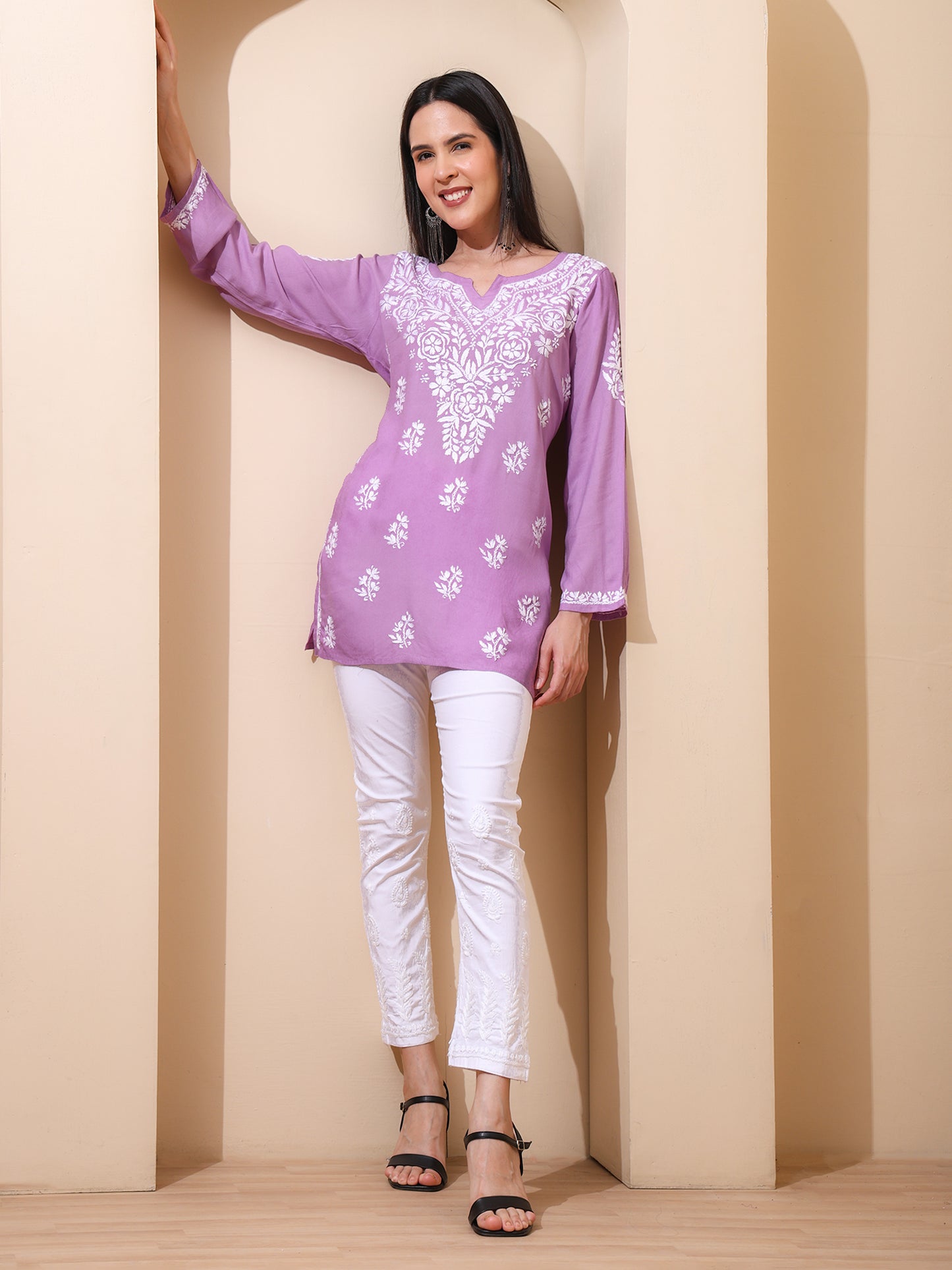 Nazaira Women’s Rayon Lucknow Chikankari Short Kurta | Handmade Hand Embroidered Luckhnawi Kurti for Women | Ethnic Wear Tunic Top for Daily, Casual Lavender