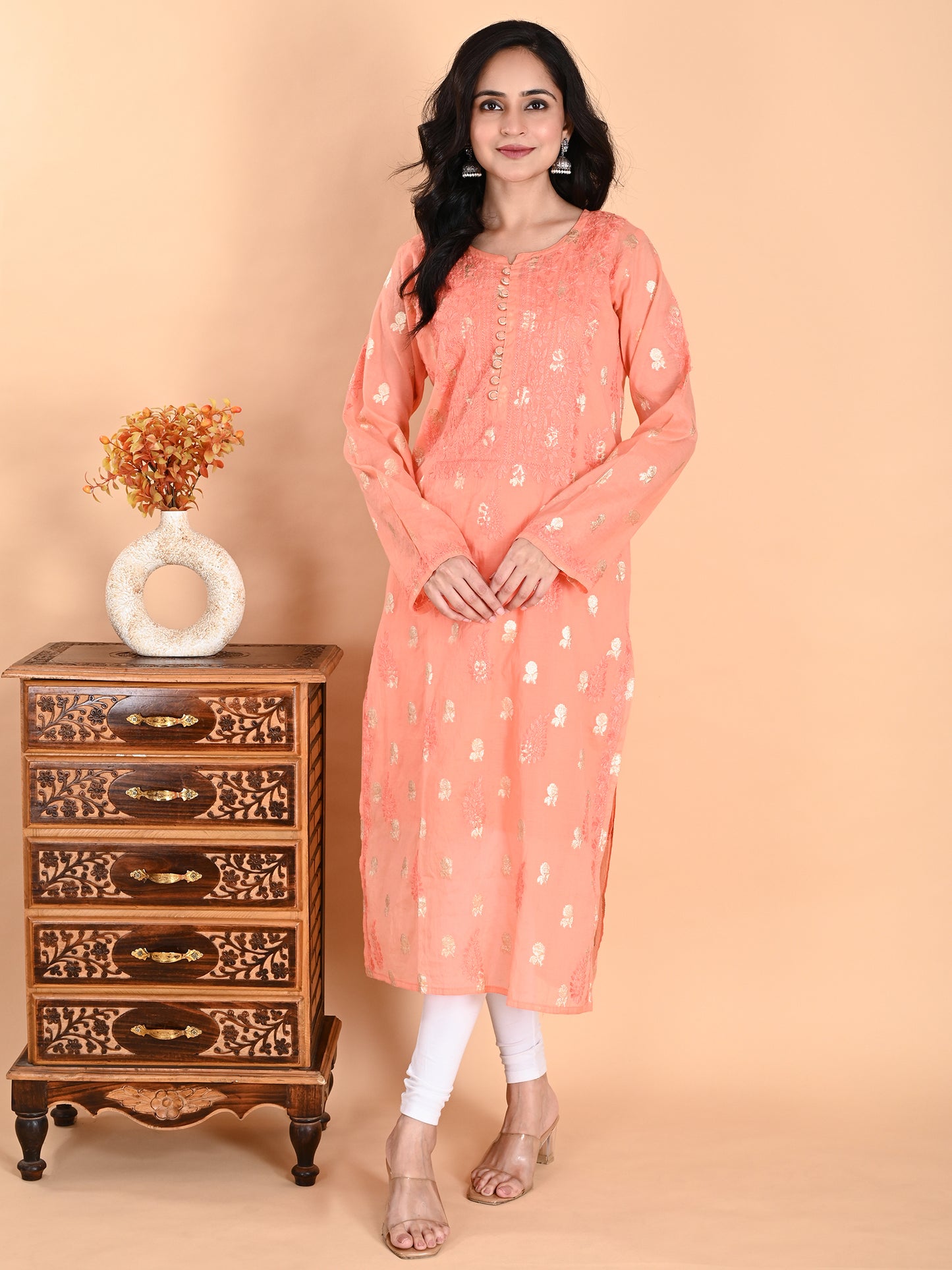 Peach Mul Chanderi Lucknowi Chikankari Long Kurta for Women with Inner, Banarasi Boota Hand Embroidery – Ethnic Wear Kurti