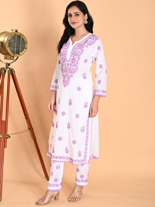 White Cotton Lucknowi Chikankari Kurta with Pajama Set for Women with Purple Hand Embroidery – Ethnic Wear Suit Set
