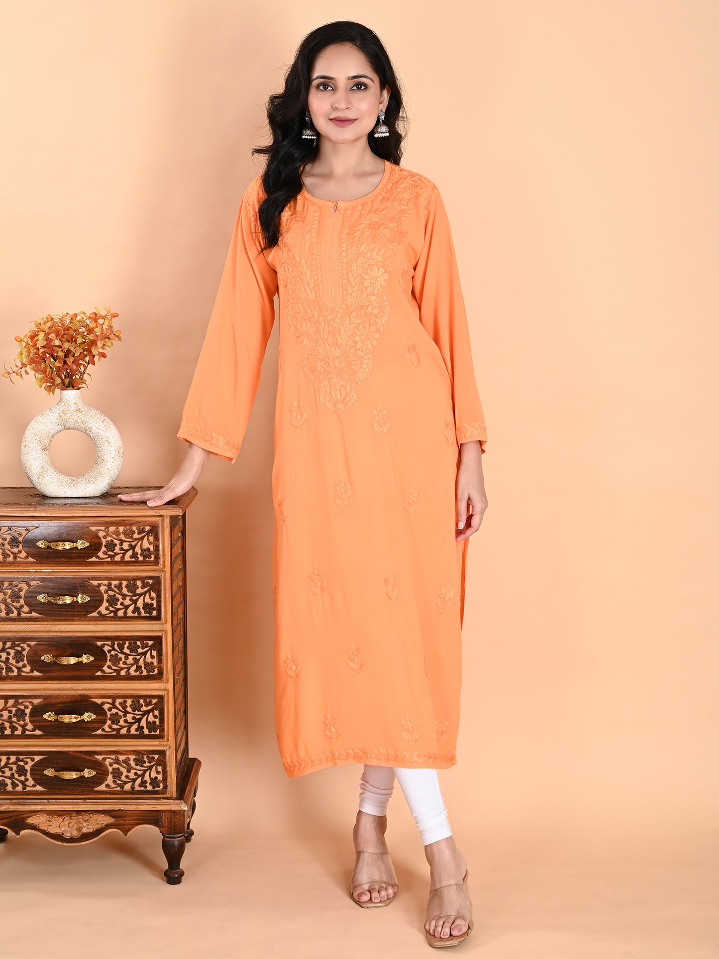 Orange Rayon Lucknowi Chikankari Long Kurta for Women with Hand Embroidery – Elegant Traditional Ethnic Wear Kurti