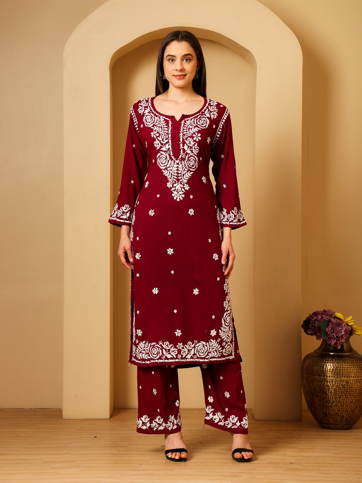Nazaira Women’s Rayon 3D Work Lucknow Chikankari Kurta with Palazzo Set | Hand Embroidered Lucknawi Chickankari Kurti | Ethnic Wear | Maroon |