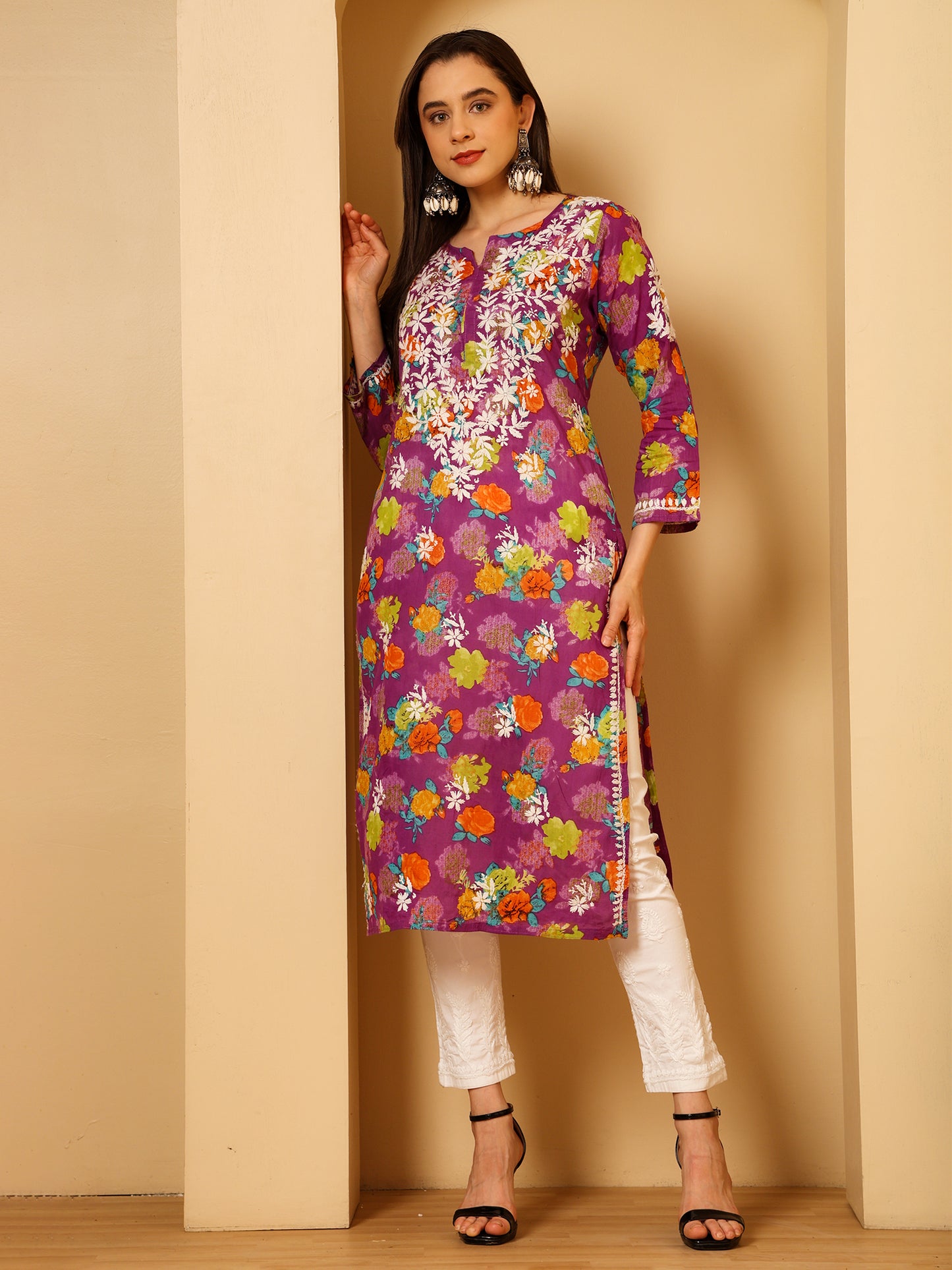 Nazaira Women’s Purple MUL Cotton Lucknowi Chikankari Long Kurti | Hand-Embroidered Floral Printed Cotton Kurta | Elegant Ethnic Wear for Women | Traditional Lucknow Chikan Work |