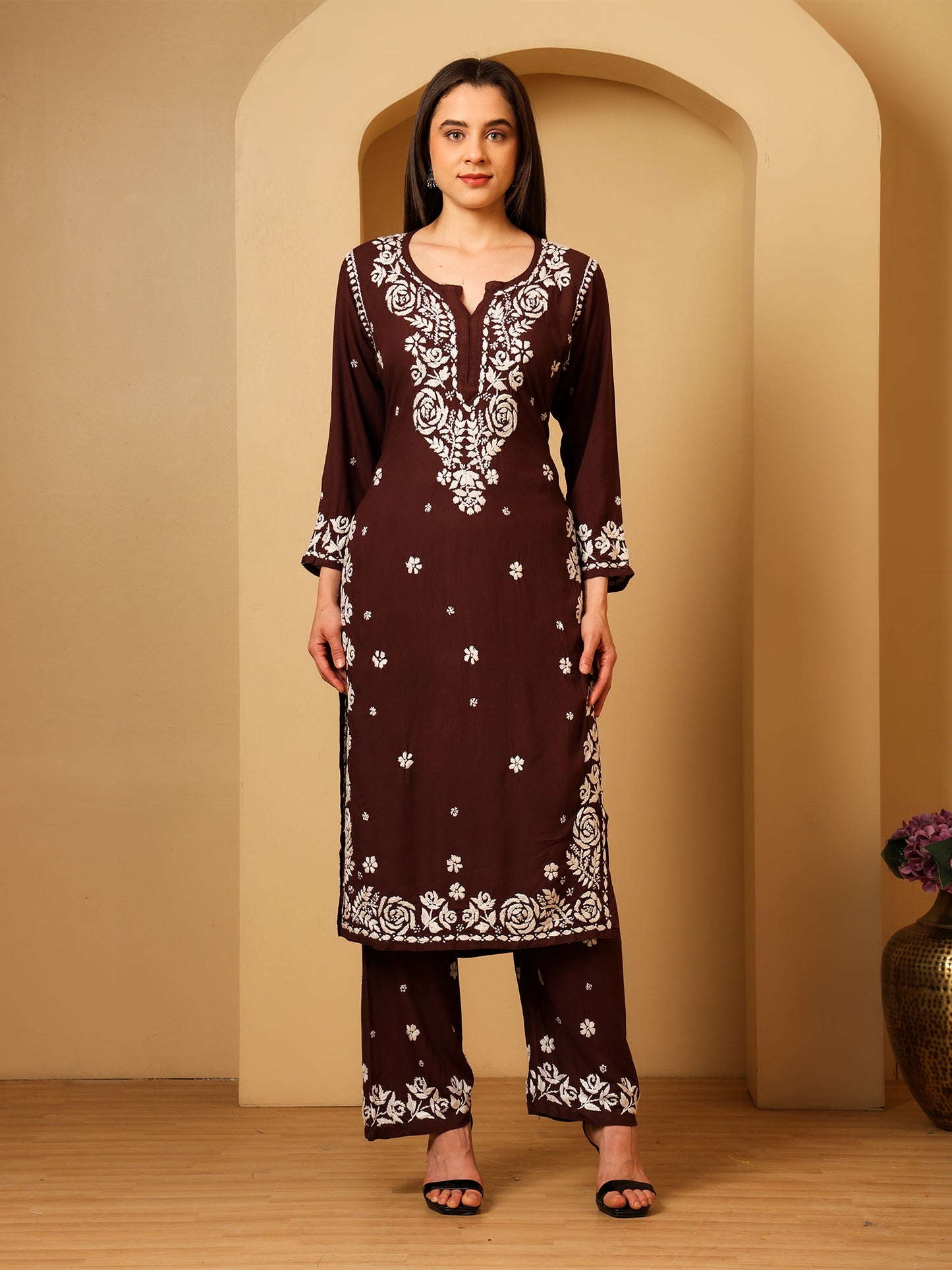 Nazaira Women’s Rayon 3D Work Lucknow Chikankari Kurta with Palazzo Set | Hand Embroidered Lucknawi Chickankari Kurti | Ethnic Wear | Brown |