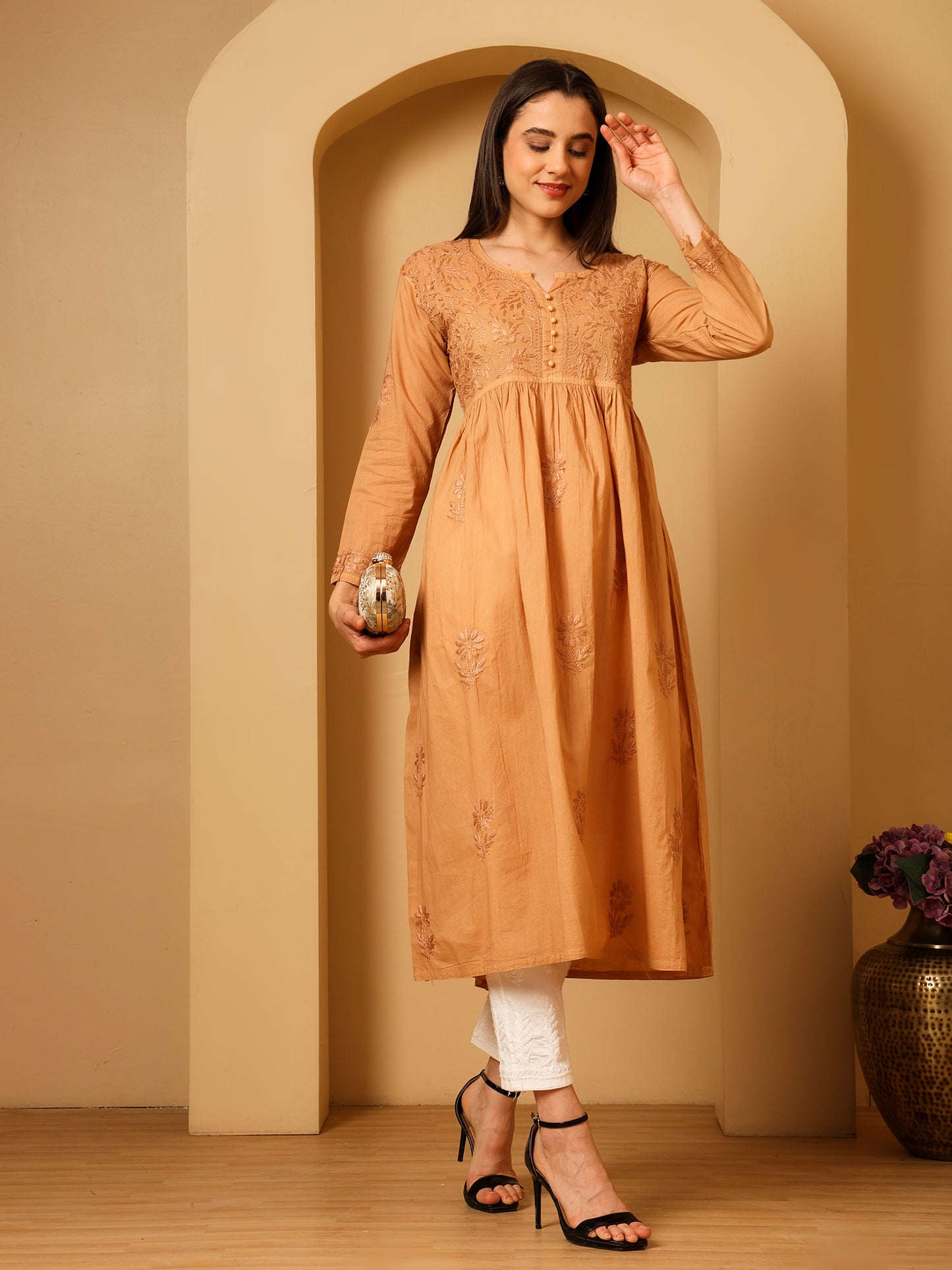 Nazaira Women’s Cotton Chikankari Kurta Gown Style Beige | Hand Embroidered Lucknow Chikankari Kurti | Ethnic Wear for Women | Long Anarkali Kurta | Handmade Cotton Kurta
