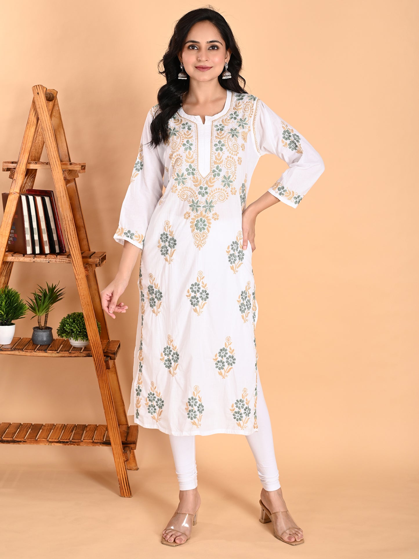 White Cotton Lucknowi Chikankari Long Kurta for Women with Green & Golden Thread Hand Embroidery – Ethnic Wear Kurti
