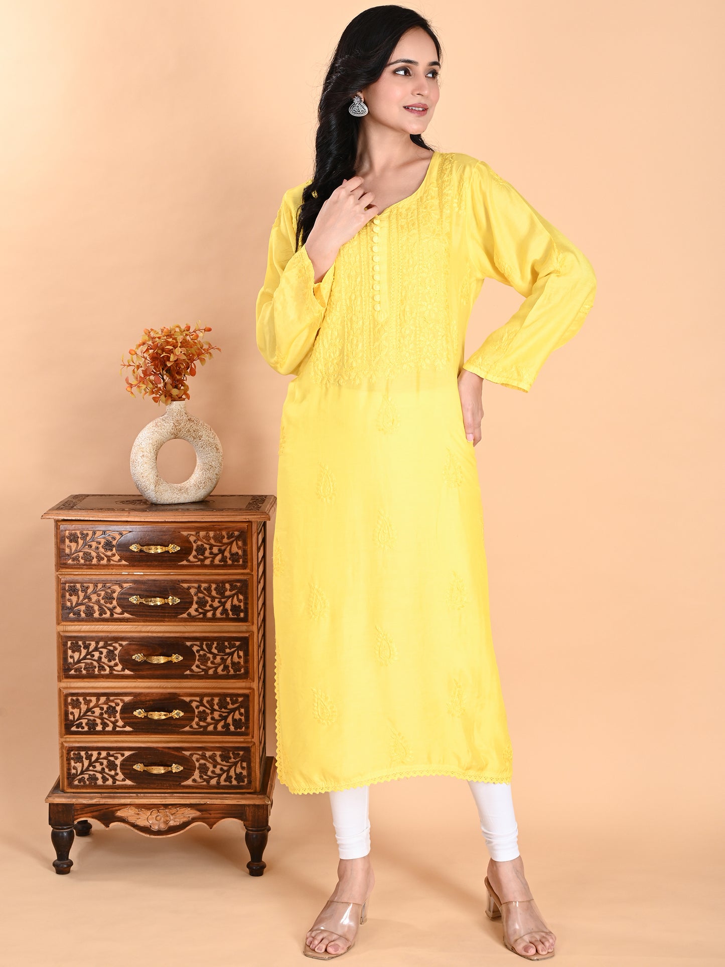 Yellow Muslin Lucknowi Chikankari Long Kurta for Women with Hand Embroidery – Elegant Traditional Ethnic Wear Kurti