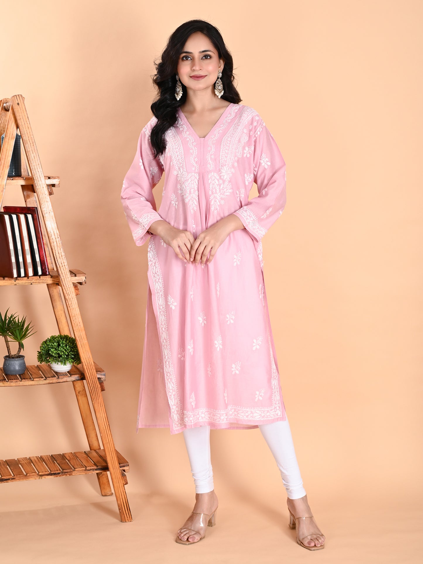 Pink Chanderi Lucknowi Chikankari Anarkali Kurta for Women with White Hand Embroidery – Handmade Ethnic Wear Kurti