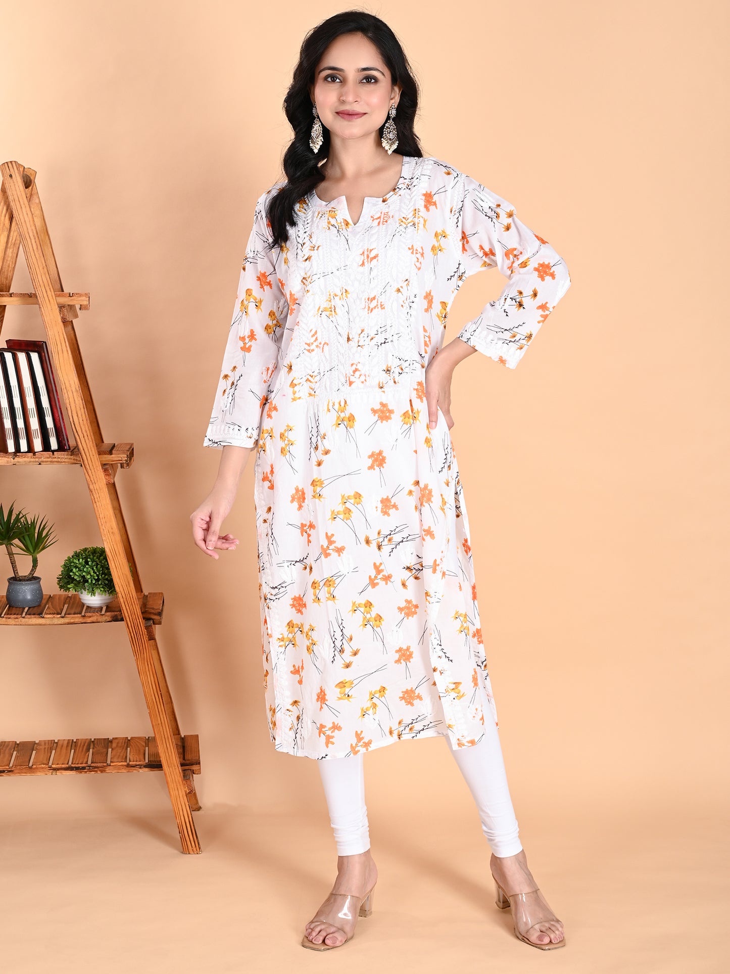 Mulmul Cotton Lucknowi Chikankari Orange Floral Printed Long Kurta for Women with Hand Embroidery – Ethnic Wear Kurti