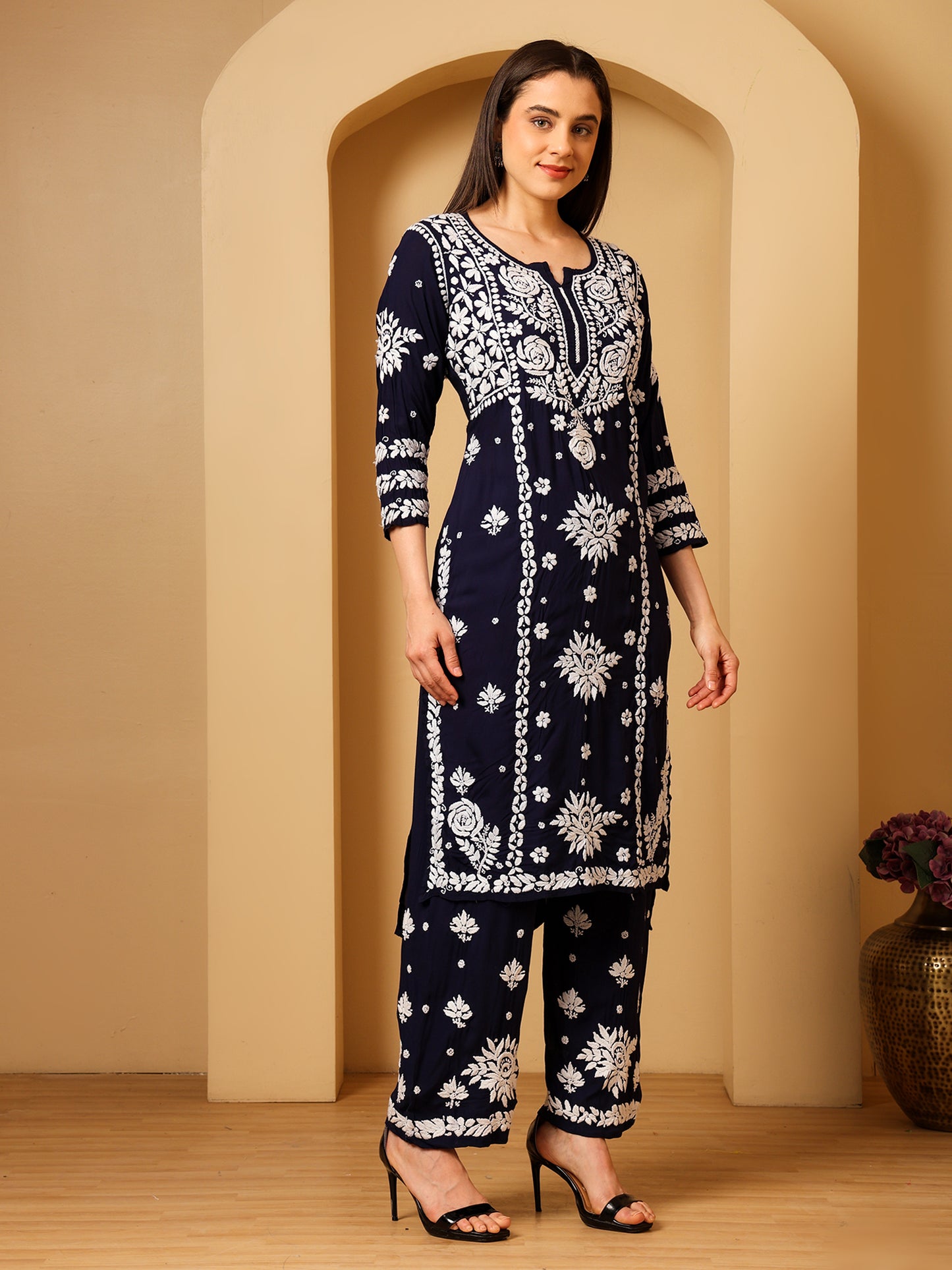Nazaira Modal Lucknow Chikankari Kurta Set for Women with Palazzo | 3D Hand Embroidery Long Kurti | Ethnic Wear for Women | Handmade Luckhnawi Chickankari | Navy Blue |