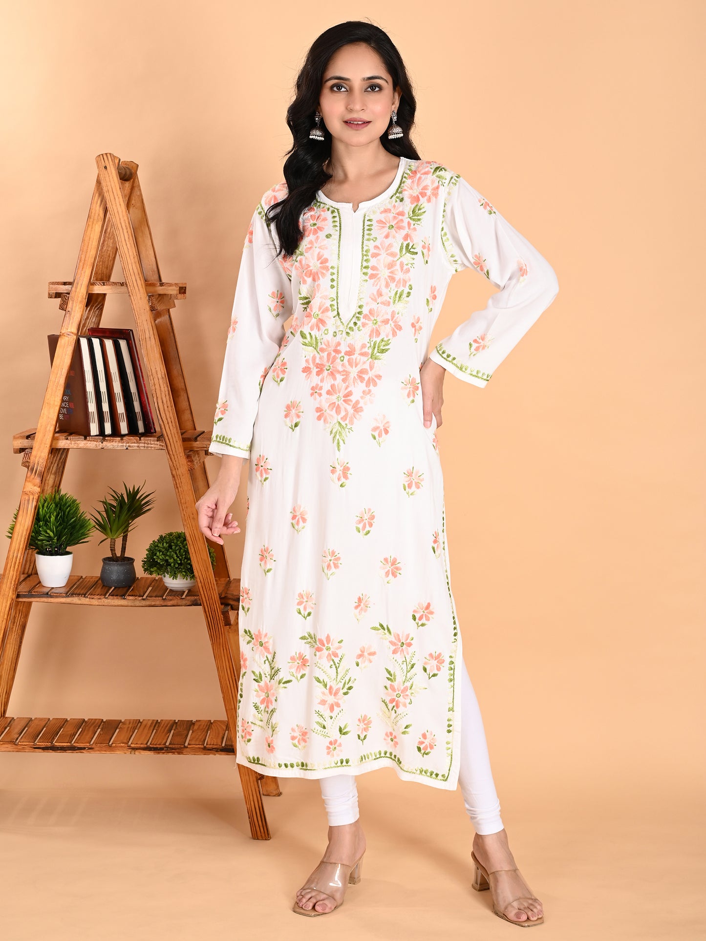 White Rayon Lucknowi Chikankari Long Kurta for Women with Peach & Green Floral Hand Embroidery – Ethnic Wear Kurti