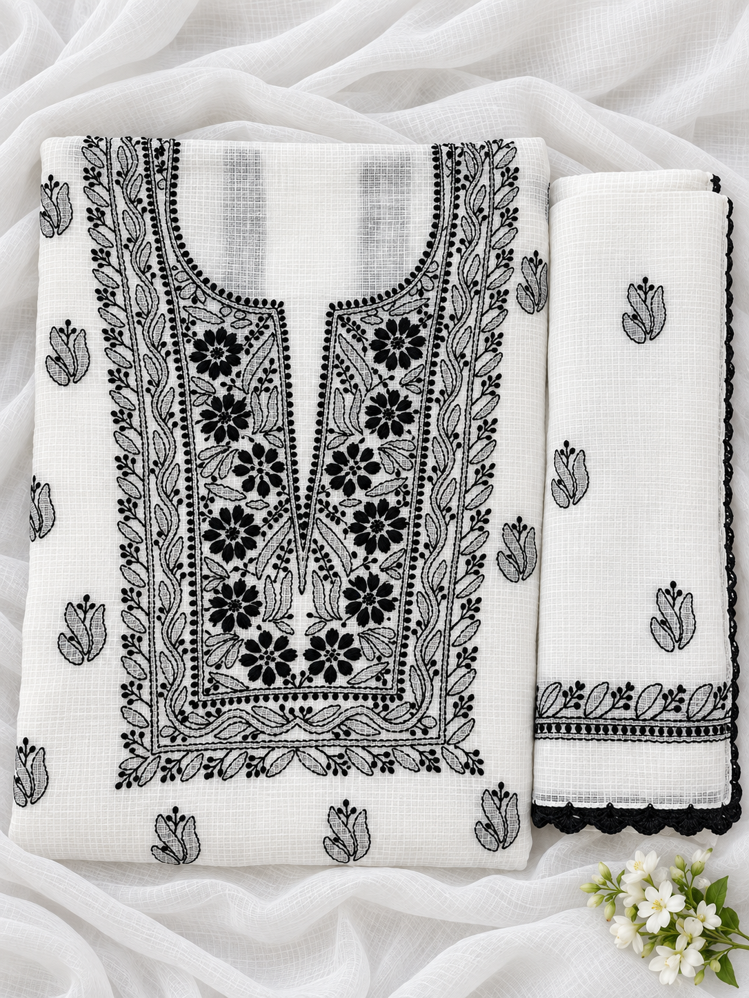 Women's White Kota Cotton Unstitched 2 Piece Suit Dress Material with Dupatta | Lucknowi Chikankari Hand Embroidery | Glass Gala Neck, Heavy Dupatta Work | Pooja Wedding Festive