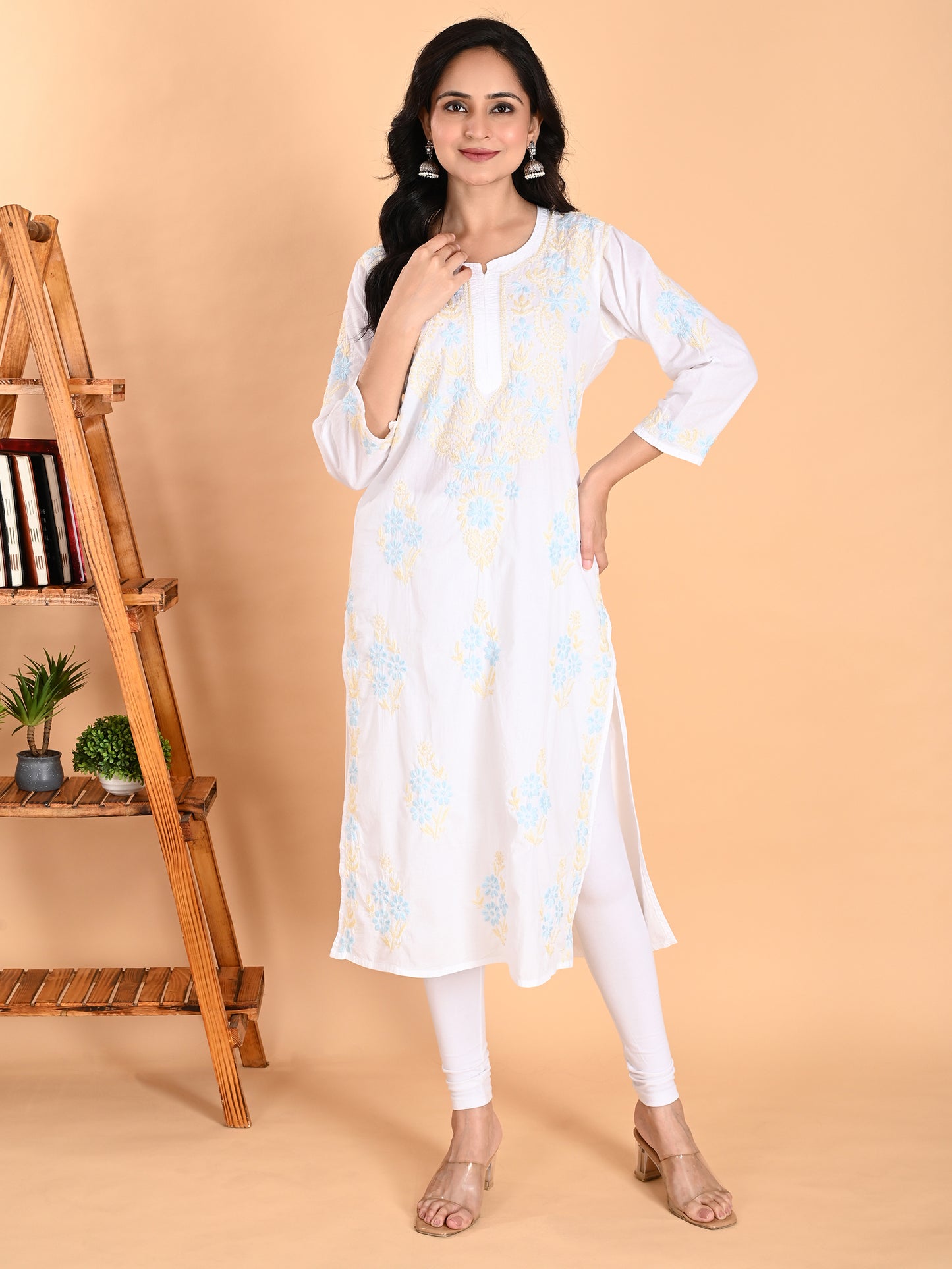 White Cotton Lucknowi Chikankari Long Kurta for Women with Blue & Golden Thread Hand Embroidery – Ethnic Wear Kurti