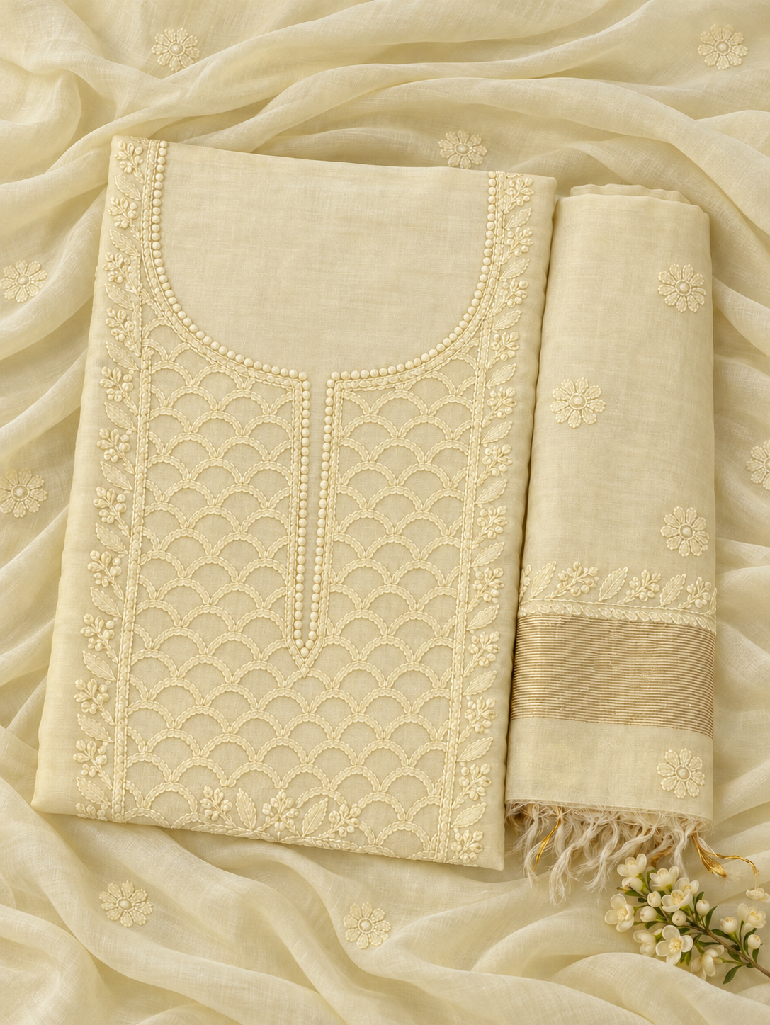 NAZAIRA Women's Lemon Yellow Silk Chanderi Unstitched 2-Piece Suit (Kurta Fabric & Dupatta) | Hand Embroidered Lucknow Chikankari | Glass Gala Neck Work, All-Over Buti | Wedding & Festive