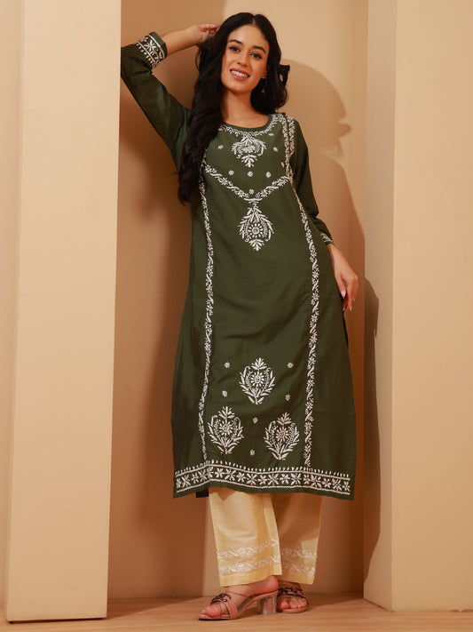 Nazaira Chanderi Chikankari Kurta Pant Set for Women | Olive Green Long Kurta with Hand Embroidery | Lucknowi Chikankari Ethnic Wear | 3/4 Sleeve Kurti Set with Pocket Pants