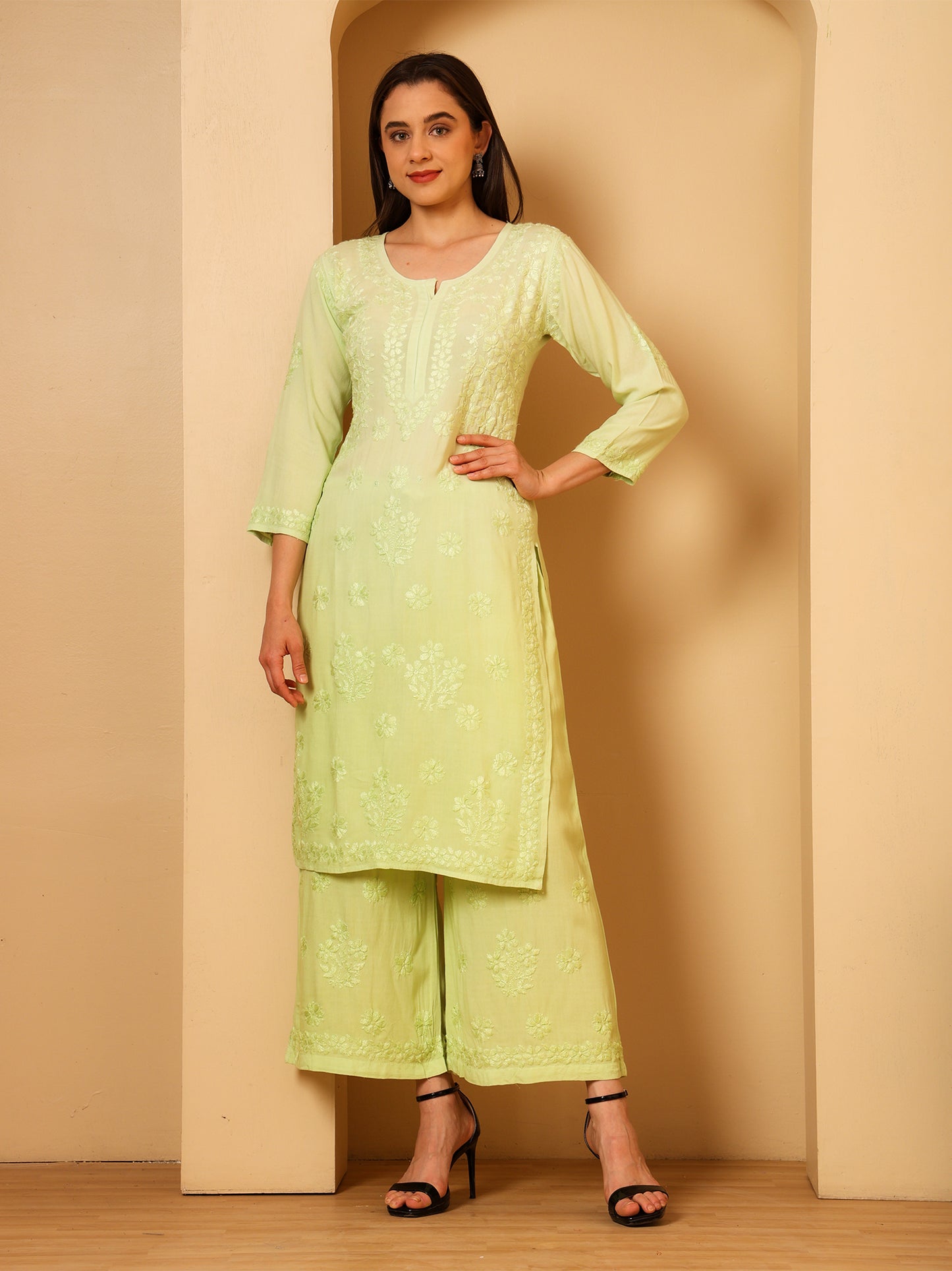 Nazaira Women’s Rayon Lucknow Chikankari Kurta Palazzo Set | Pista Green Ombre Hand Embroidered Kurti Set | Ethnic Wear for Women | Handmade Luckhnawi Chickankari Kurta with Palazzo