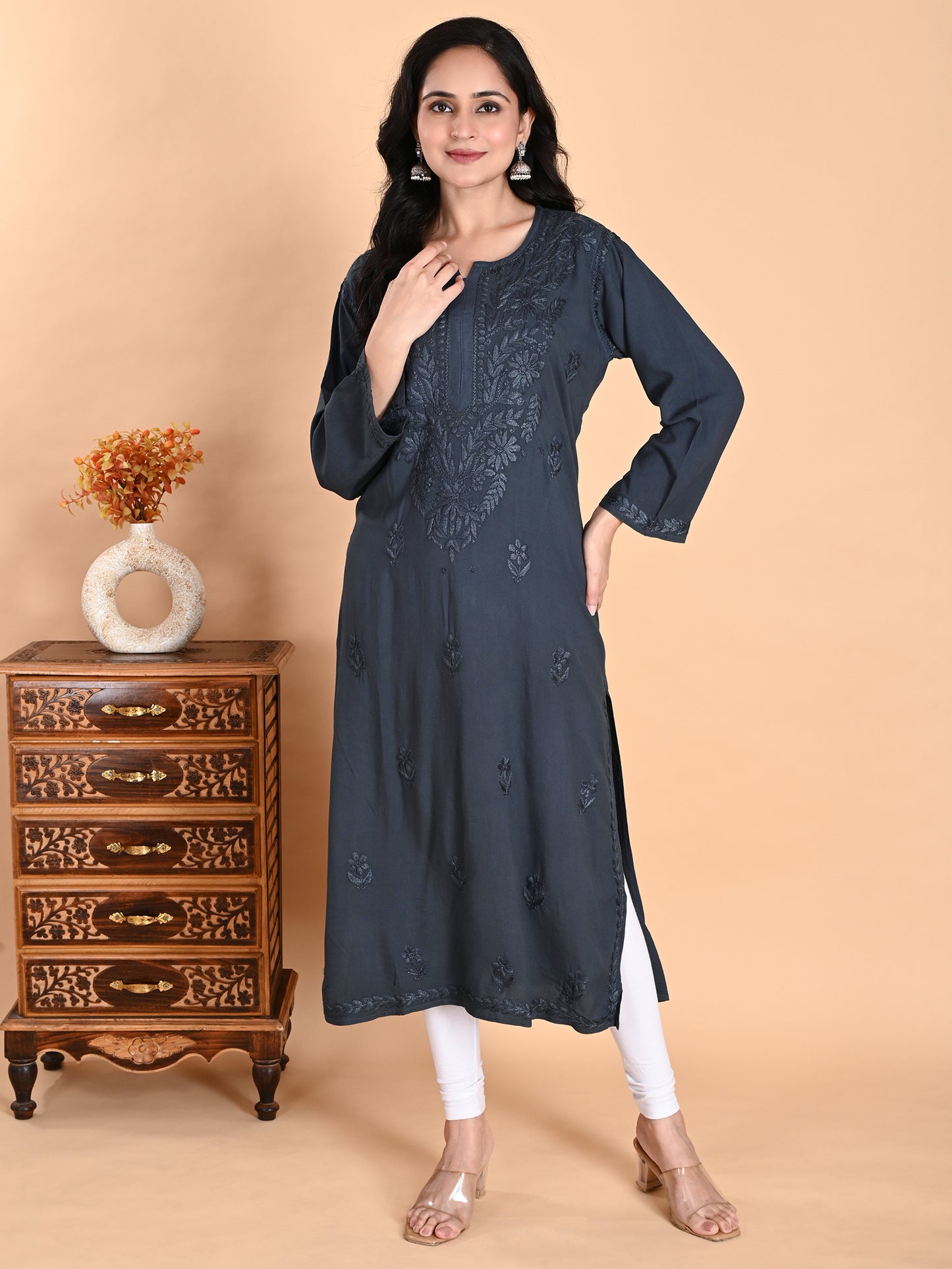 Green Rayon Lucknowi Chikankari Long Kurta for Women with Hand Embroidery – Elegant Traditional Ethnic Wear Kurti