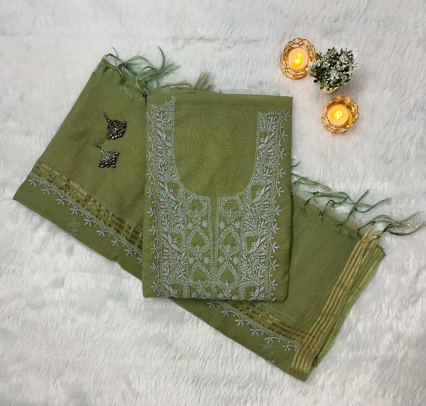 Pure Mul Chanderi Lucknowi Chikankari Unstitched Suit for Women with Dupatta – Hand Embroidered Ethnic Dress Material (2 Piece Set) - Green
