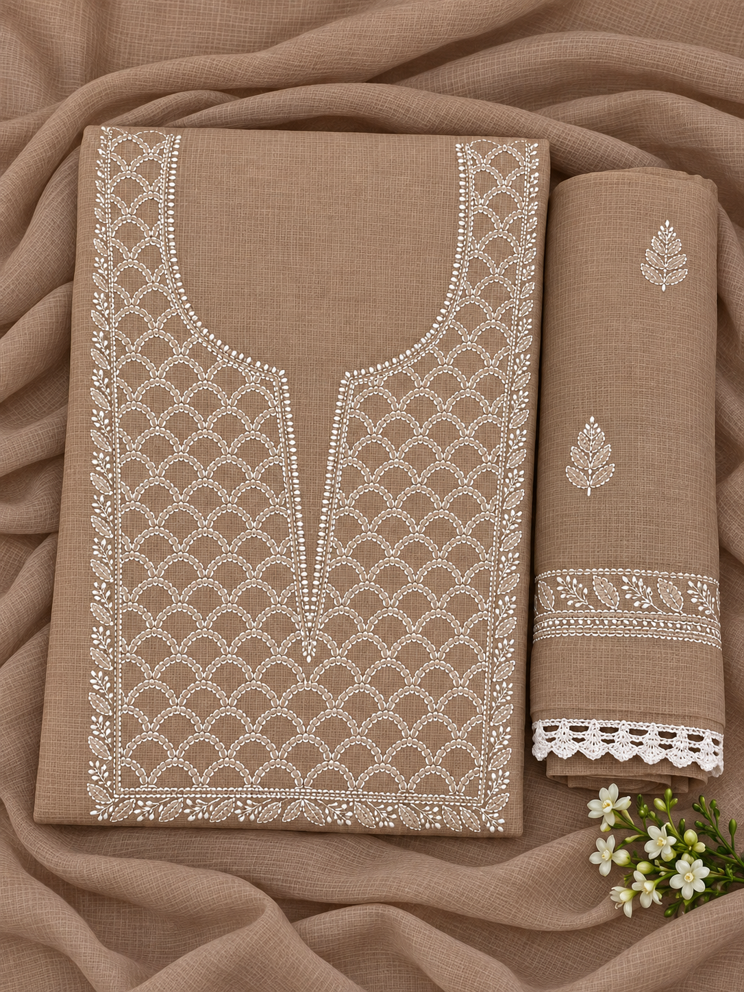 Women's Light Brown Kota Cotton Unstitched Lucknowi Chikankari Suit Material with Dupatta (2 Piece) | Glass Gala Neckline Hand Embroidery, Front and Back Buti Work | Festive Pooja and Wedding
