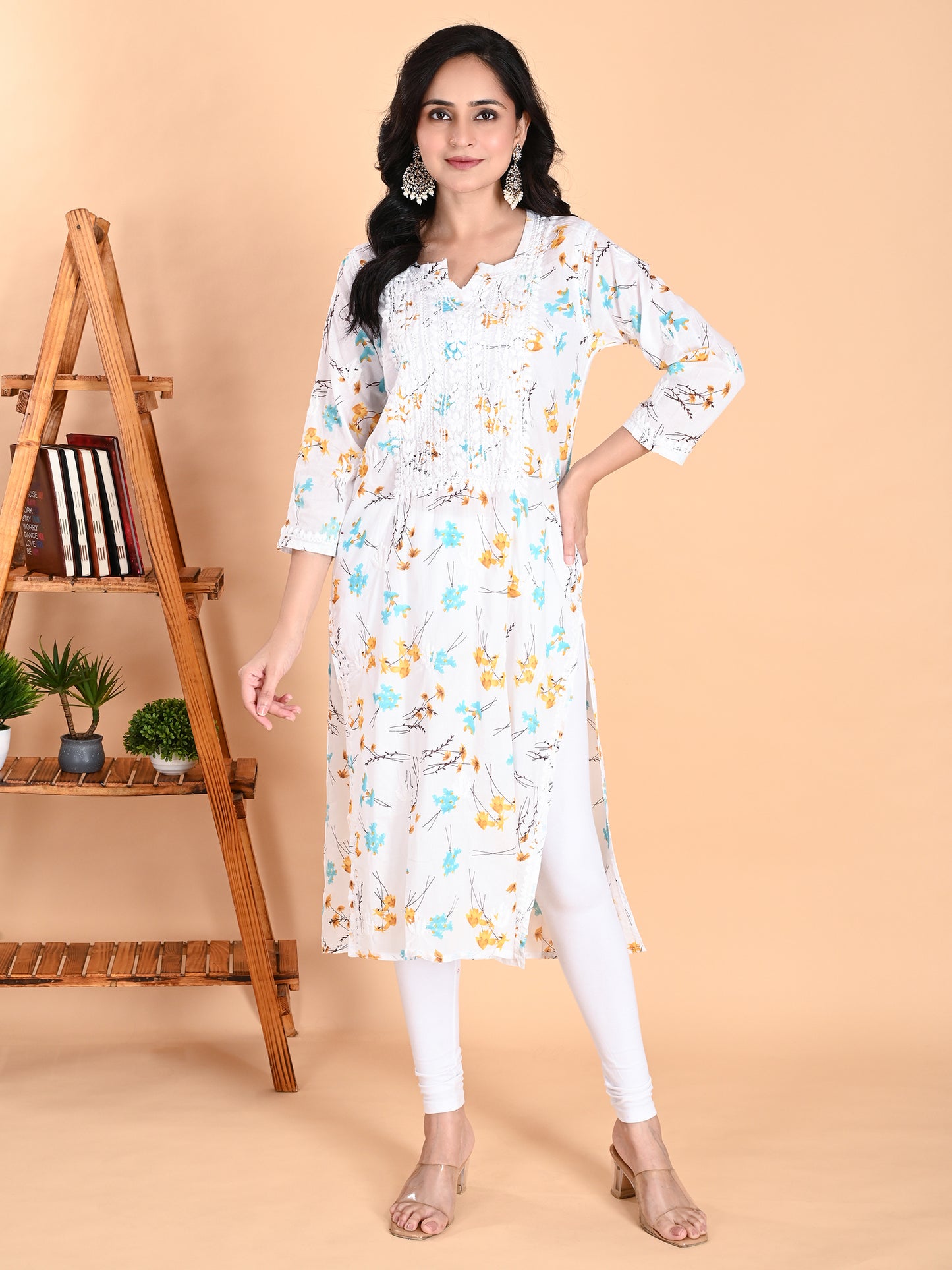 Mulmul Cotton Lucknowi Chikankari Blue Floral Printed Long Kurta for Women with Hand Embroidery – Ethnic Wear Kurti