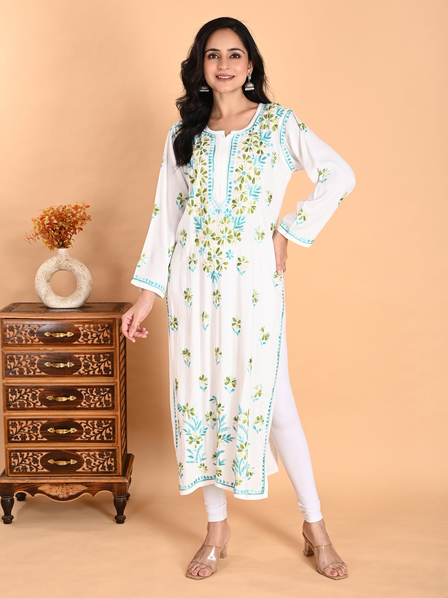 White Rayon Lucknowi Chikankari Long Kurta for Women with Blue & Green Floral Hand Embroidery – Ethnic Wear Kurti