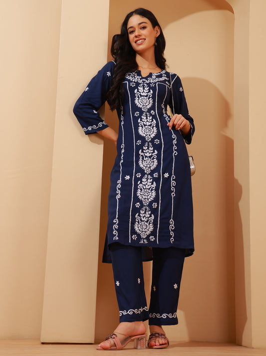 Nazaira Rayon Chikankari Kurta Pant Set for Women | Navy Blue Lucknowi Hand Embroidery Long Kurti with Pant & Pockets | Handmade Ethnic Wear for Women | Modern Traditional Handwork