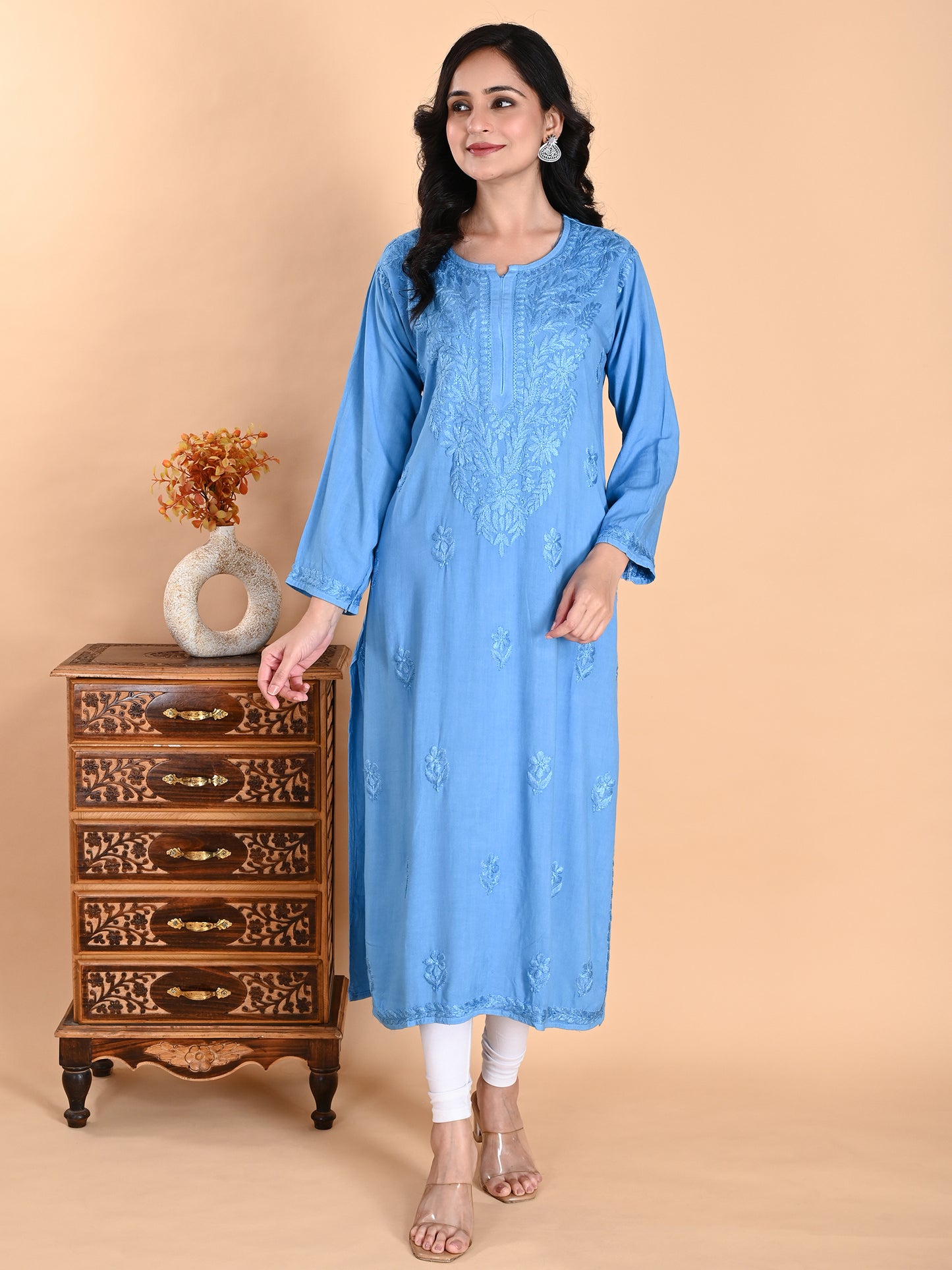 Blue Rayon Lucknowi Chikankari Long Kurta for Women with Hand Embroidery – Elegant Traditional Ethnic Wear Kurti