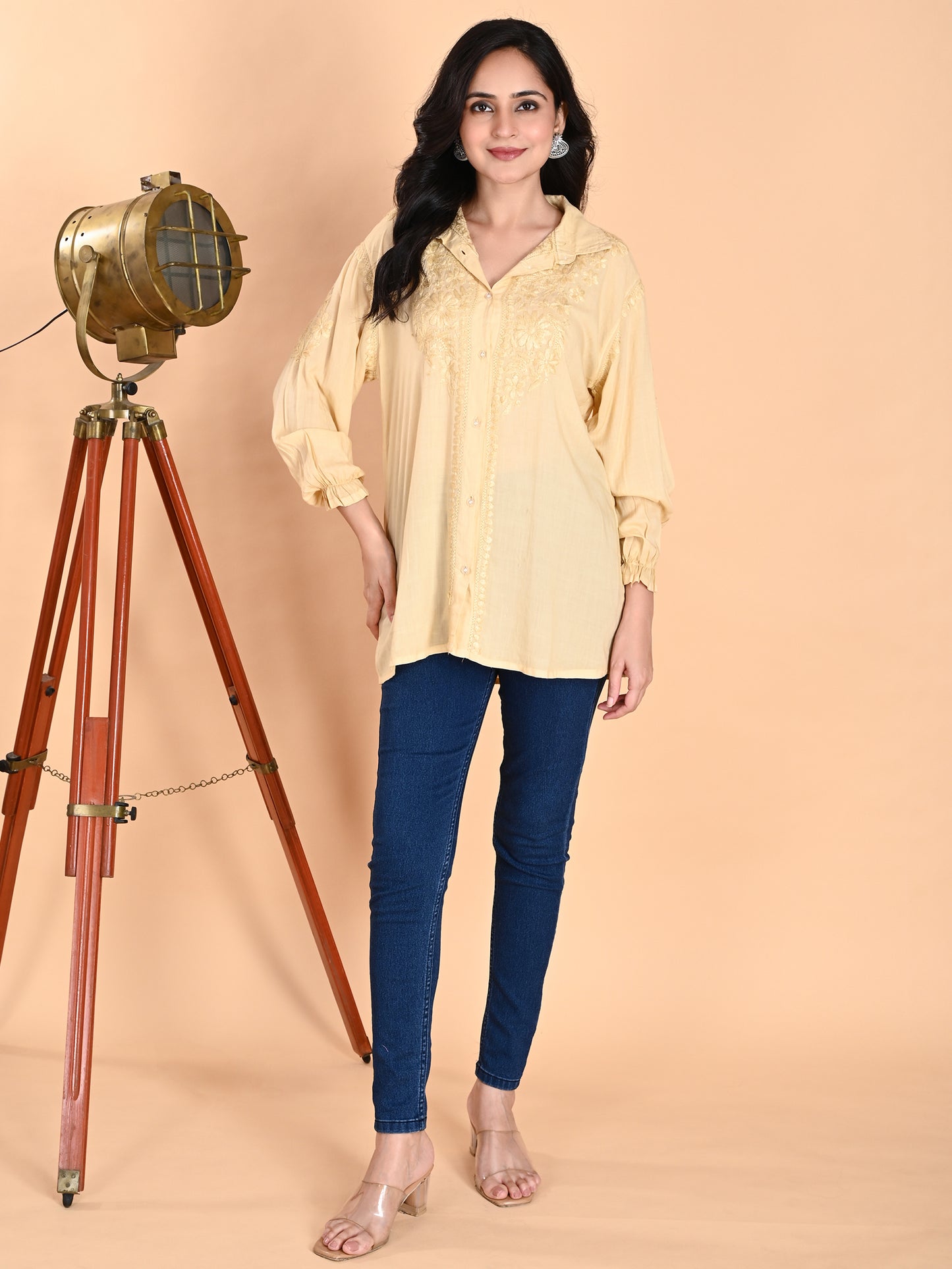 Cream Modal Lucknowi Chikankari Shirt Style Short Kurti for Women with Hand Embroidery – Casual Ethnic Wear Top
