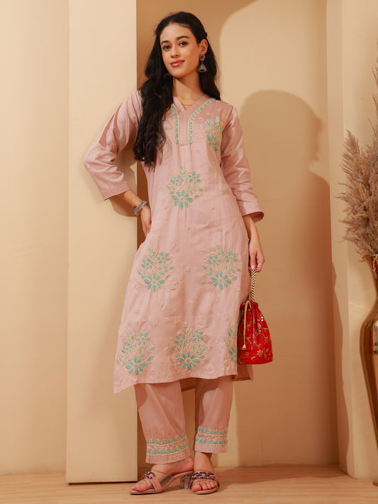 Nazaira Cotton Chikankari Kurta Pant Set for Women | Mauve Lucknowi Chikankari Hand Embroidery Long Kurti with Pocket Pants | Handmade Ethnic Wear for Women | Handwork Kurta Set