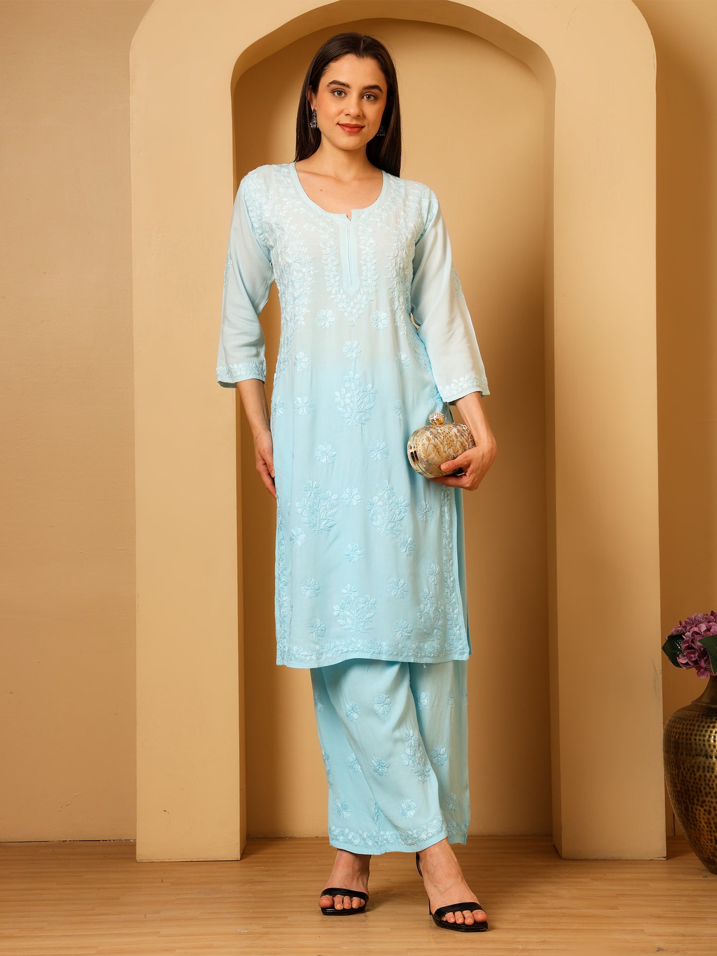Nazaira Women’s Rayon Lucknow Chikankari Kurta Palazzo Set | Firozi Blue Ombre Hand Embroidered Kurti Set | Ethnic Wear for Women | Handmade Luckhnawi Chickankari Kurta with Palazzo