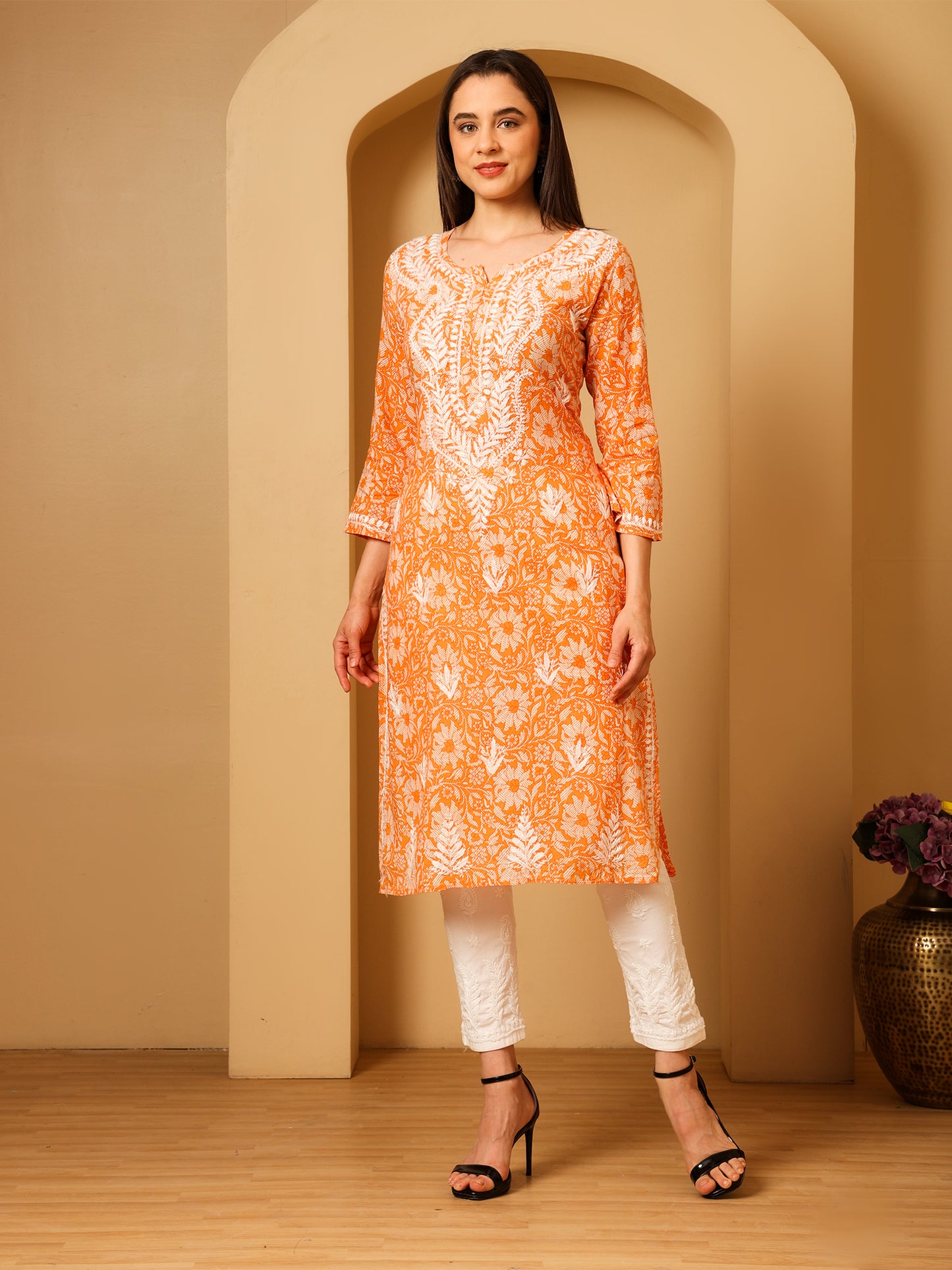 Nazaira Mulmul Cotton Chikankari Kurta for Women Orange | Hand Embroidered Lucknow Chikankari Kurti | Ethnic Wear Long Kurta for Women | Handmade Luckhnawi Chickankari Kurta