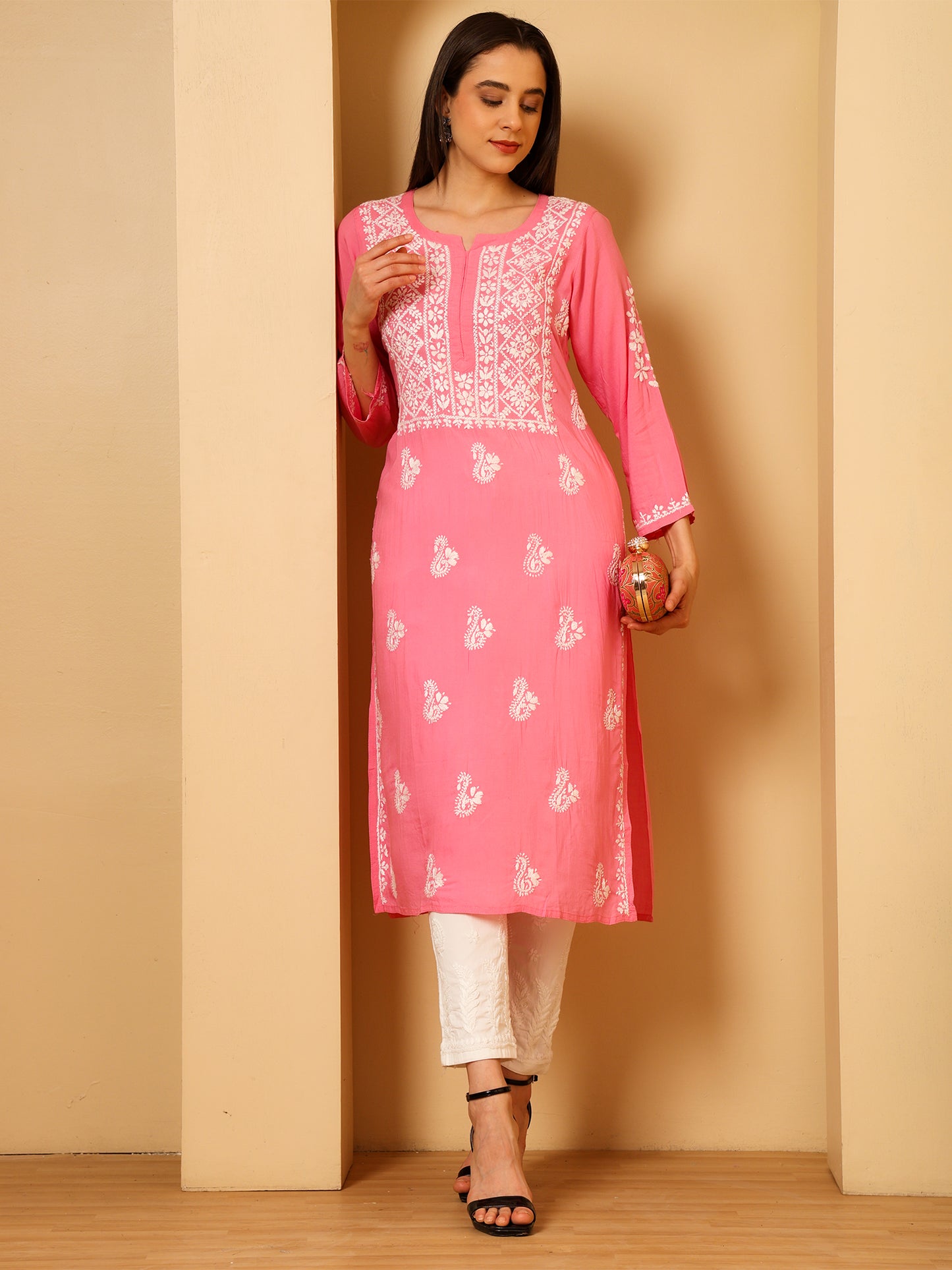 Nazaira Women’s Modal Chikankari Kurta Pink | Hand Embroidered Lucknowi Chikankari Kurti | Ethnic Wear Long Kurta for Women | Lightweight Breathable Daily & Festive Wear