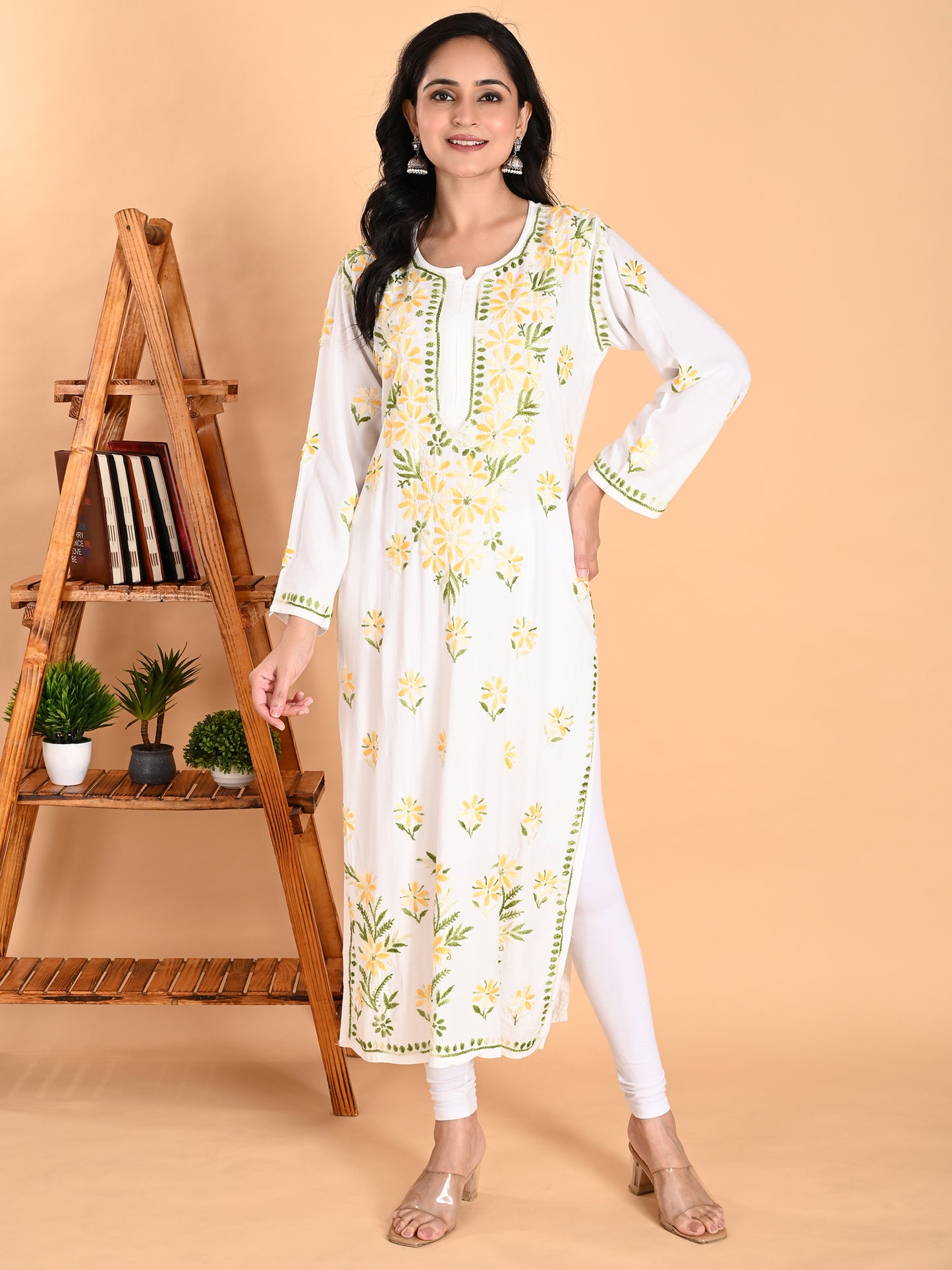 White Rayon Lucknowi Chikankari Long Kurta for Women with Yellow & Green Floral Hand Embroidery – Ethnic Wear Kurti