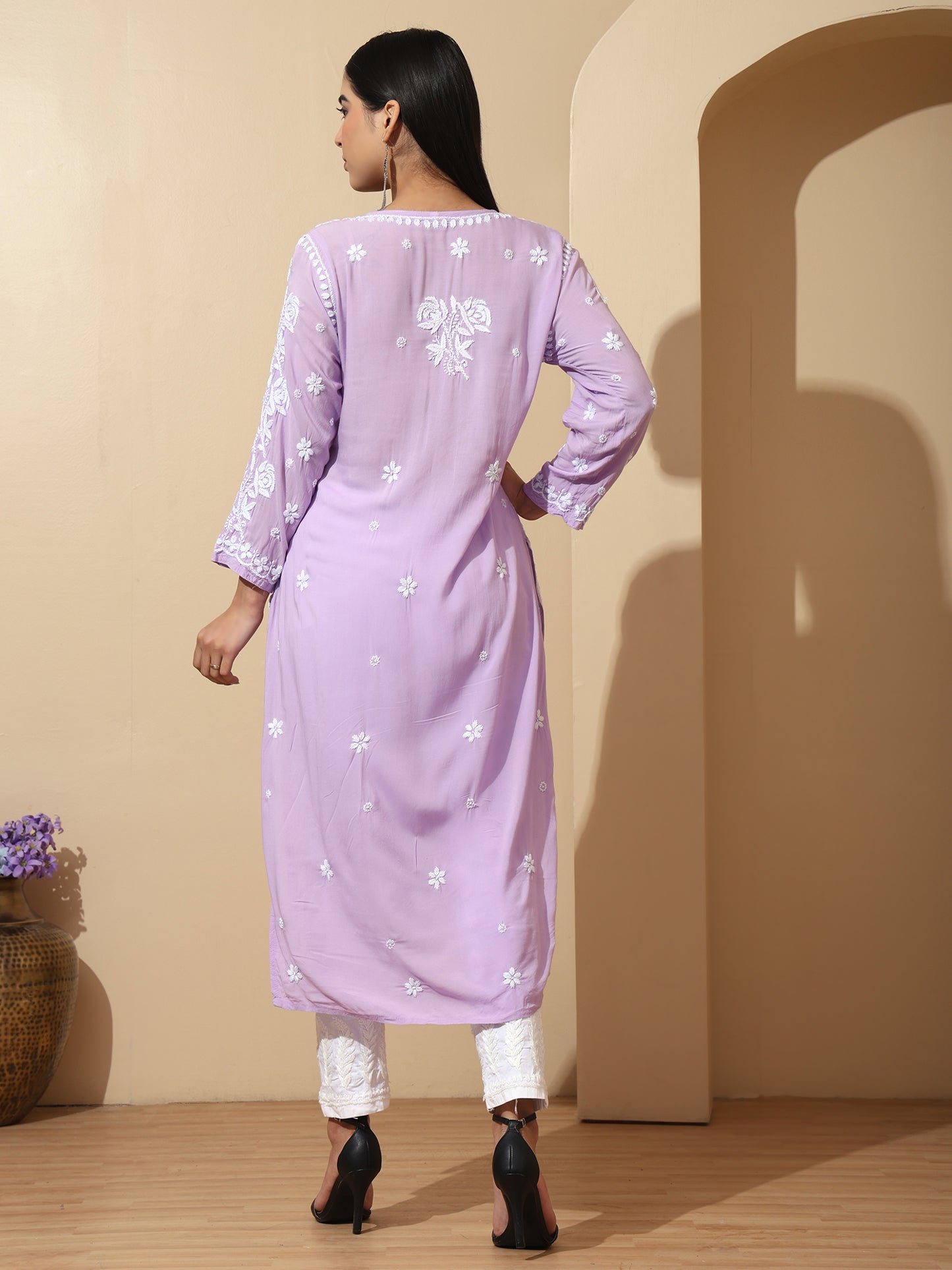 Lilac Modal Lucknowi Chikankari Kurti for Women with 3D Hand Embroidery – Long Ethnic Wear Kurta