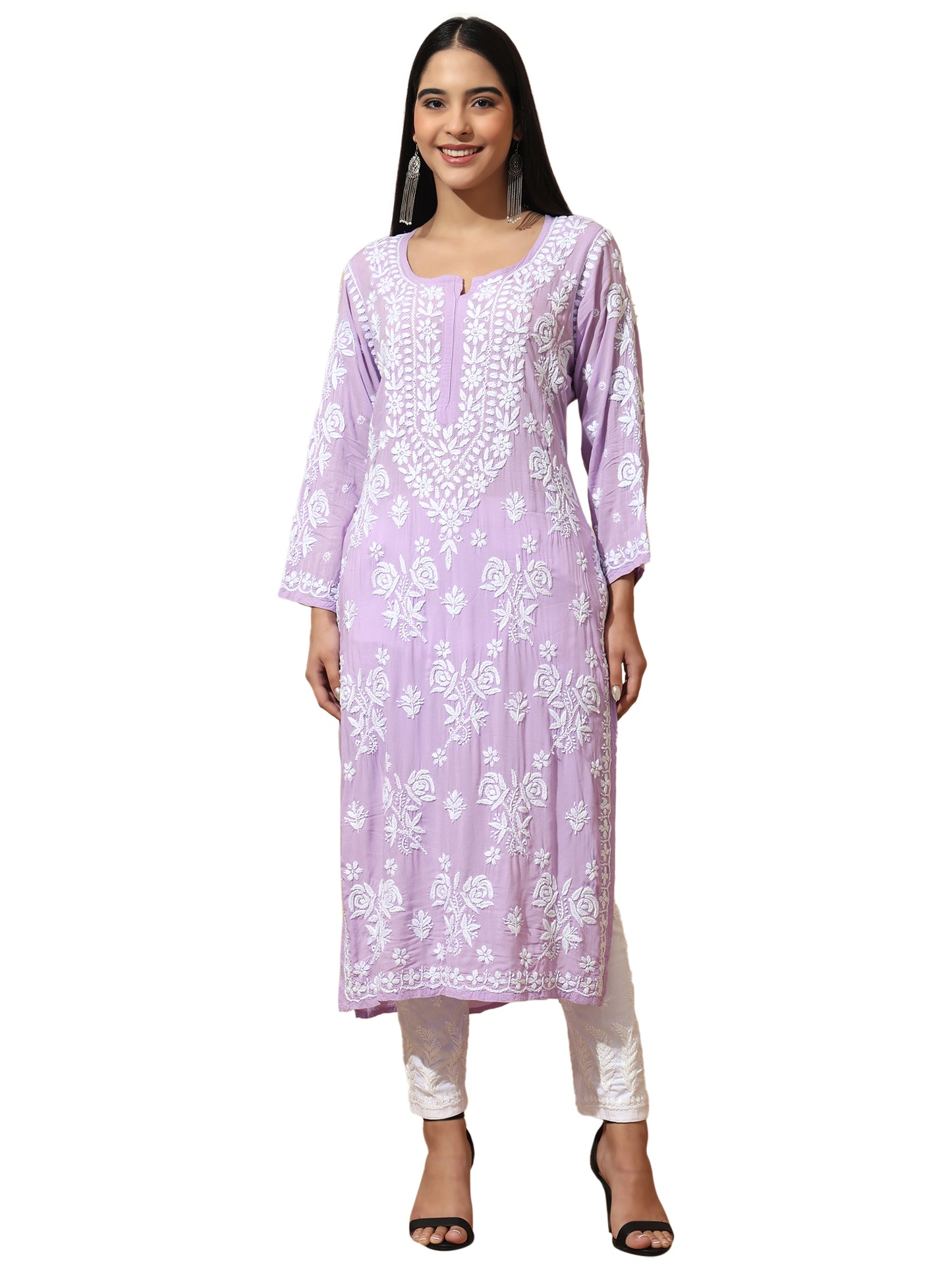 Lilac Modal Lucknowi Chikankari Kurti for Women with 3D Hand Embroidery – Long Ethnic Wear Kurta