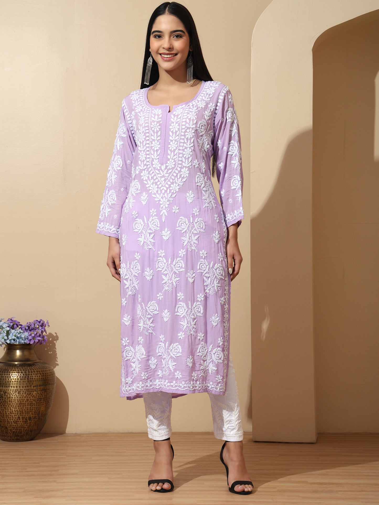Lilac Modal Lucknowi Chikankari Kurti for Women with 3D Hand Embroidery – Long Ethnic Wear Kurta