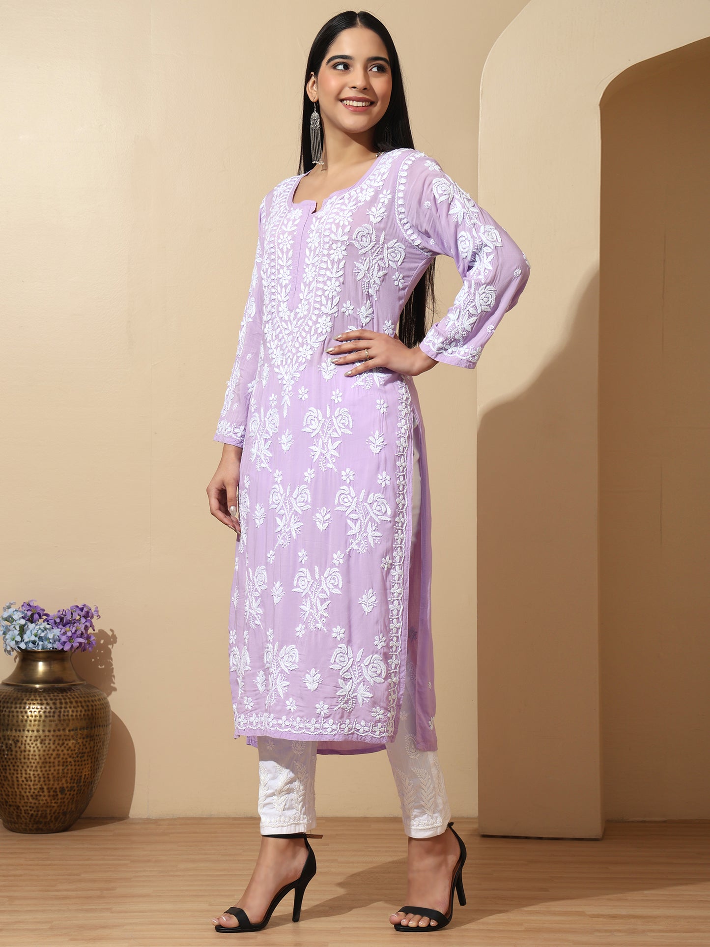 Lilac Modal Lucknowi Chikankari Kurti for Women with 3D Hand Embroidery – Long Ethnic Wear Kurta