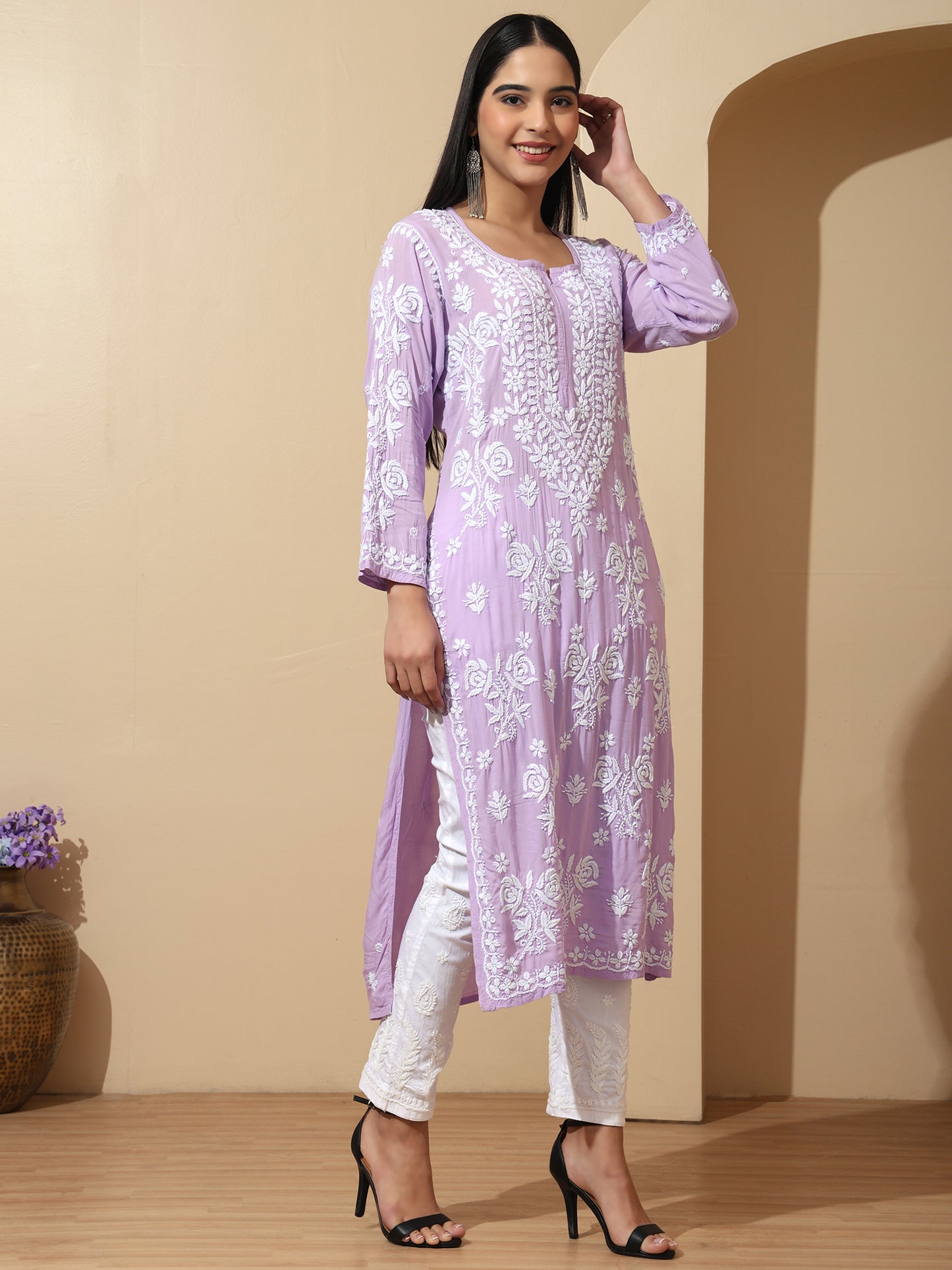 Lilac Modal Lucknowi Chikankari Kurti for Women with 3D Hand Embroidery – Long Ethnic Wear Kurta