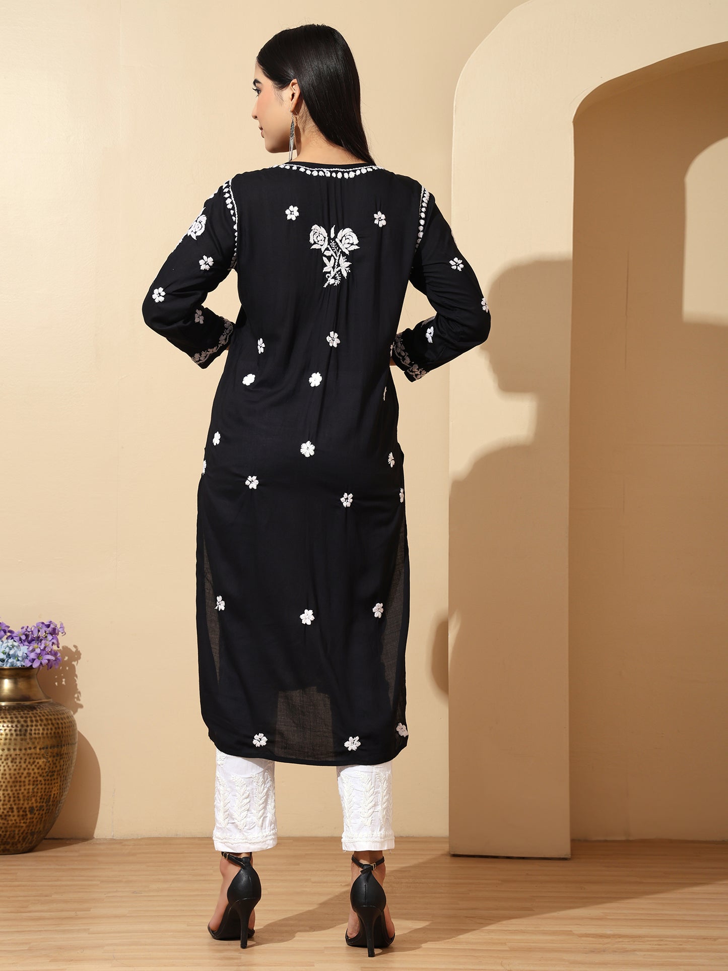 Black Modal Lucknowi Chikankari Kurti for Women with 3D Hand Embroidery – Long Ethnic Wear Kurta