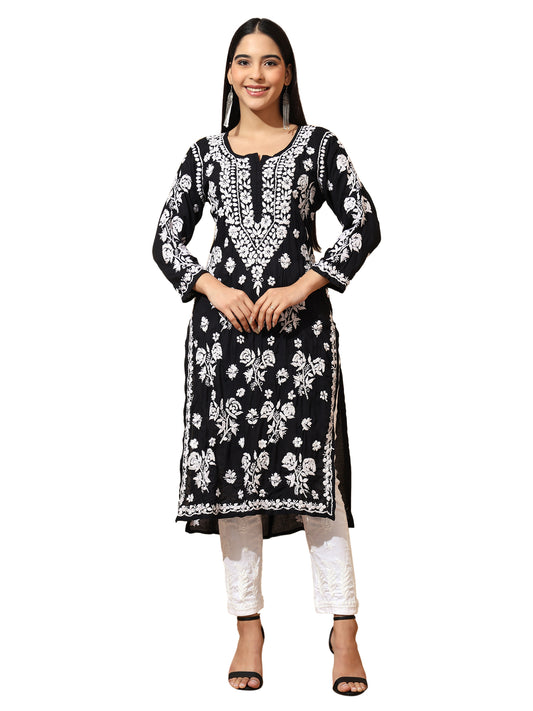 Black Modal Lucknowi Chikankari Kurti for Women with 3D Hand Embroidery – Long Ethnic Wear Kurta