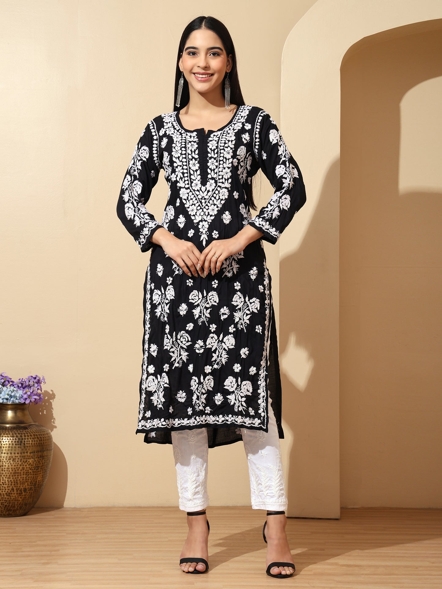 Black Modal Lucknowi Chikankari Kurti for Women with 3D Hand Embroidery – Long Ethnic Wear Kurta