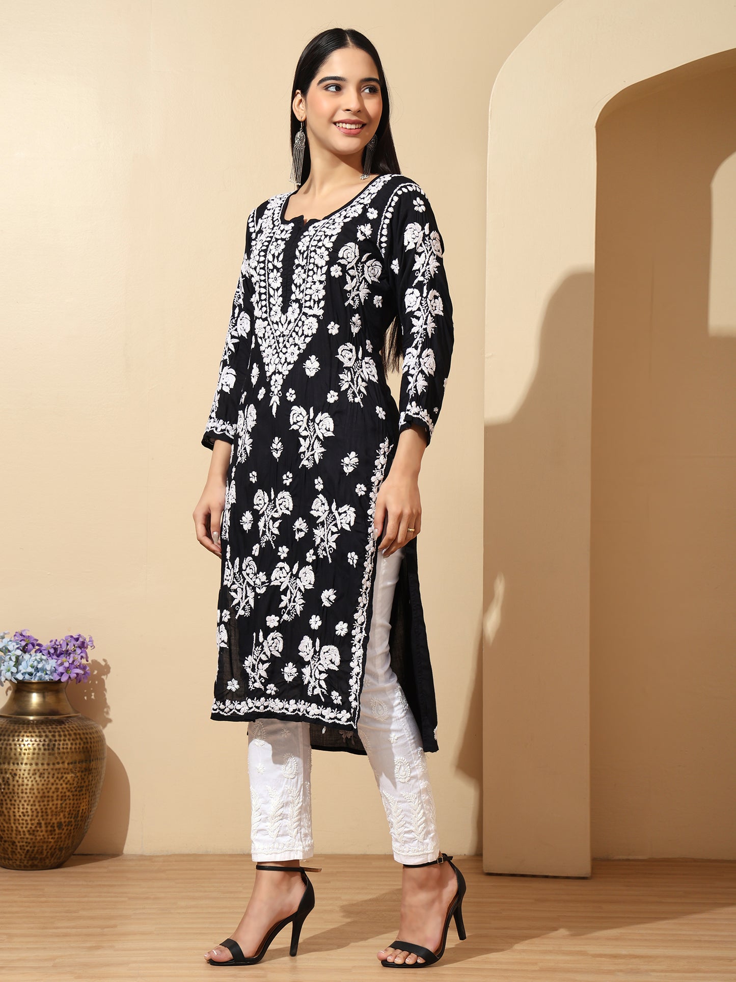 Black Modal Lucknowi Chikankari Kurti for Women with 3D Hand Embroidery – Long Ethnic Wear Kurta