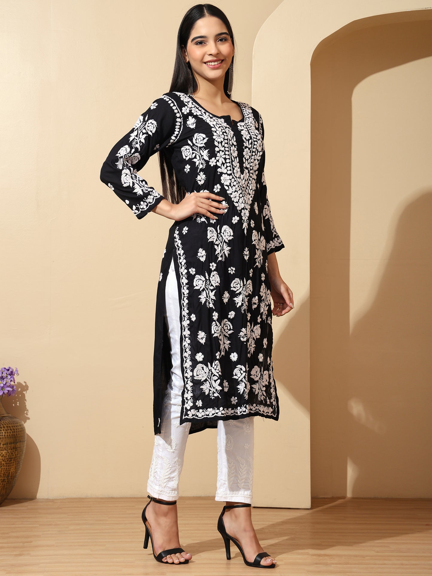 Black Modal Lucknowi Chikankari Kurti for Women with 3D Hand Embroidery – Long Ethnic Wear Kurta