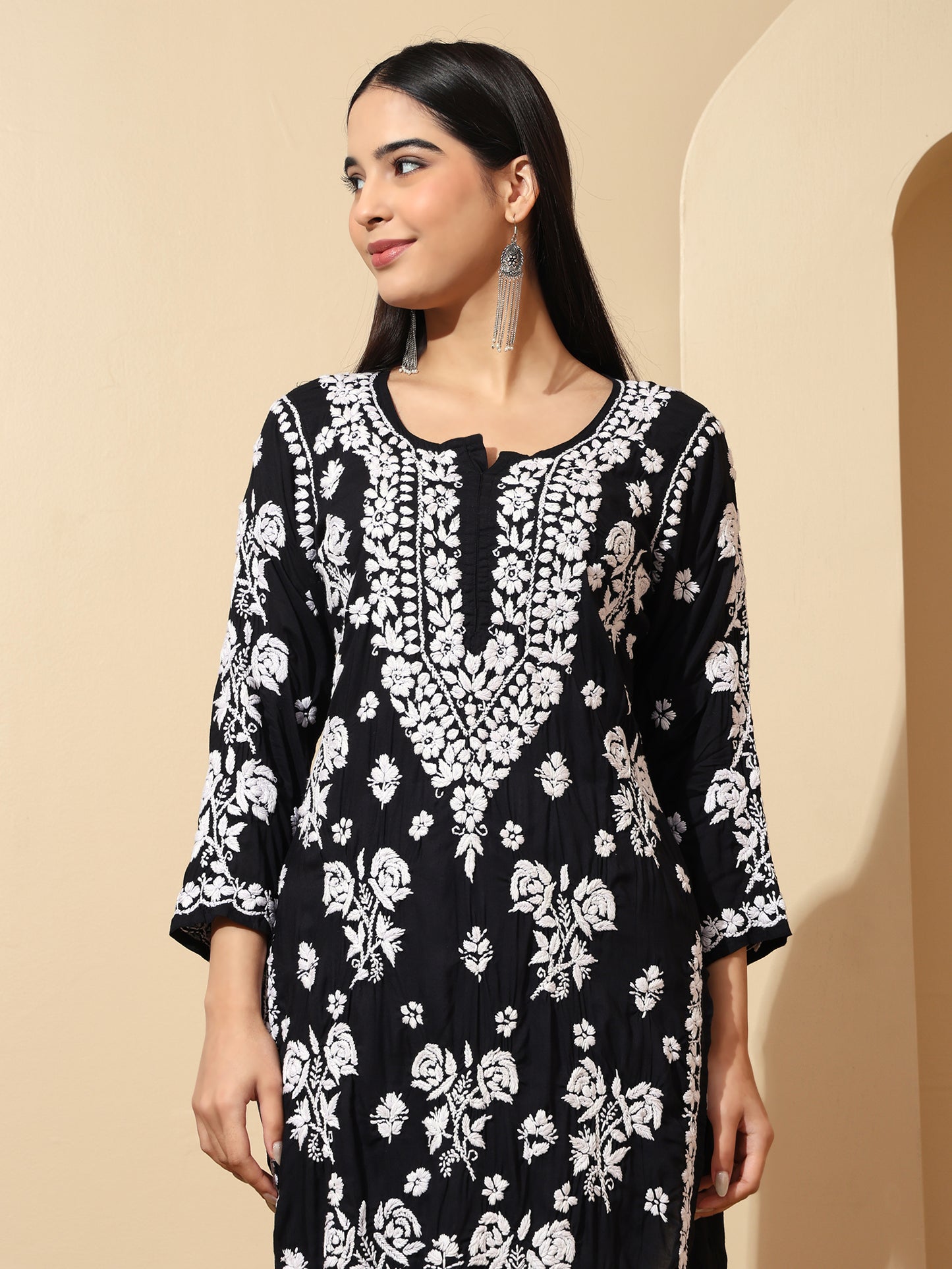 Black Modal Lucknowi Chikankari Kurti for Women with 3D Hand Embroidery – Long Ethnic Wear Kurta