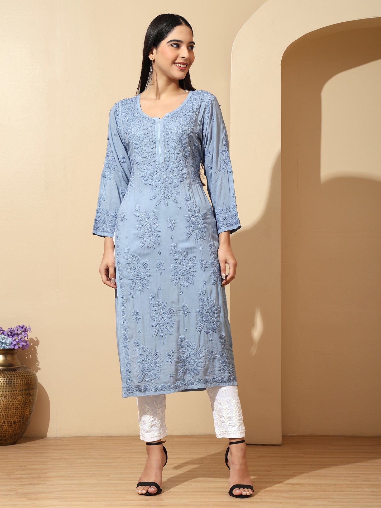 Powder Blue Modal Lucknowi Chikankari Kurti for Women with 3D Hand Embroidery – Long Ethnic Kurta
