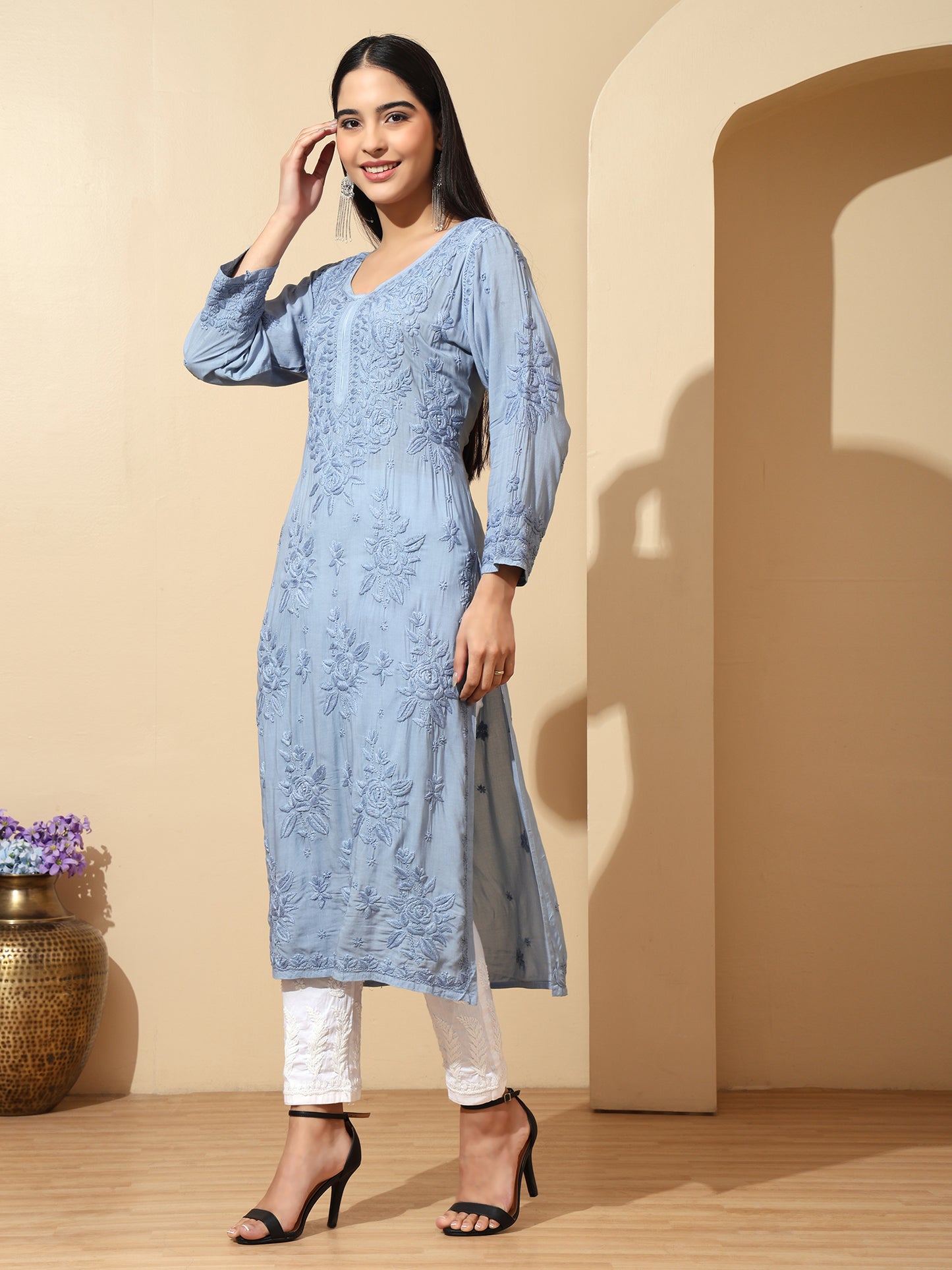Powder Blue Modal Lucknowi Chikankari Kurti for Women with 3D Hand Embroidery – Long Ethnic Kurta