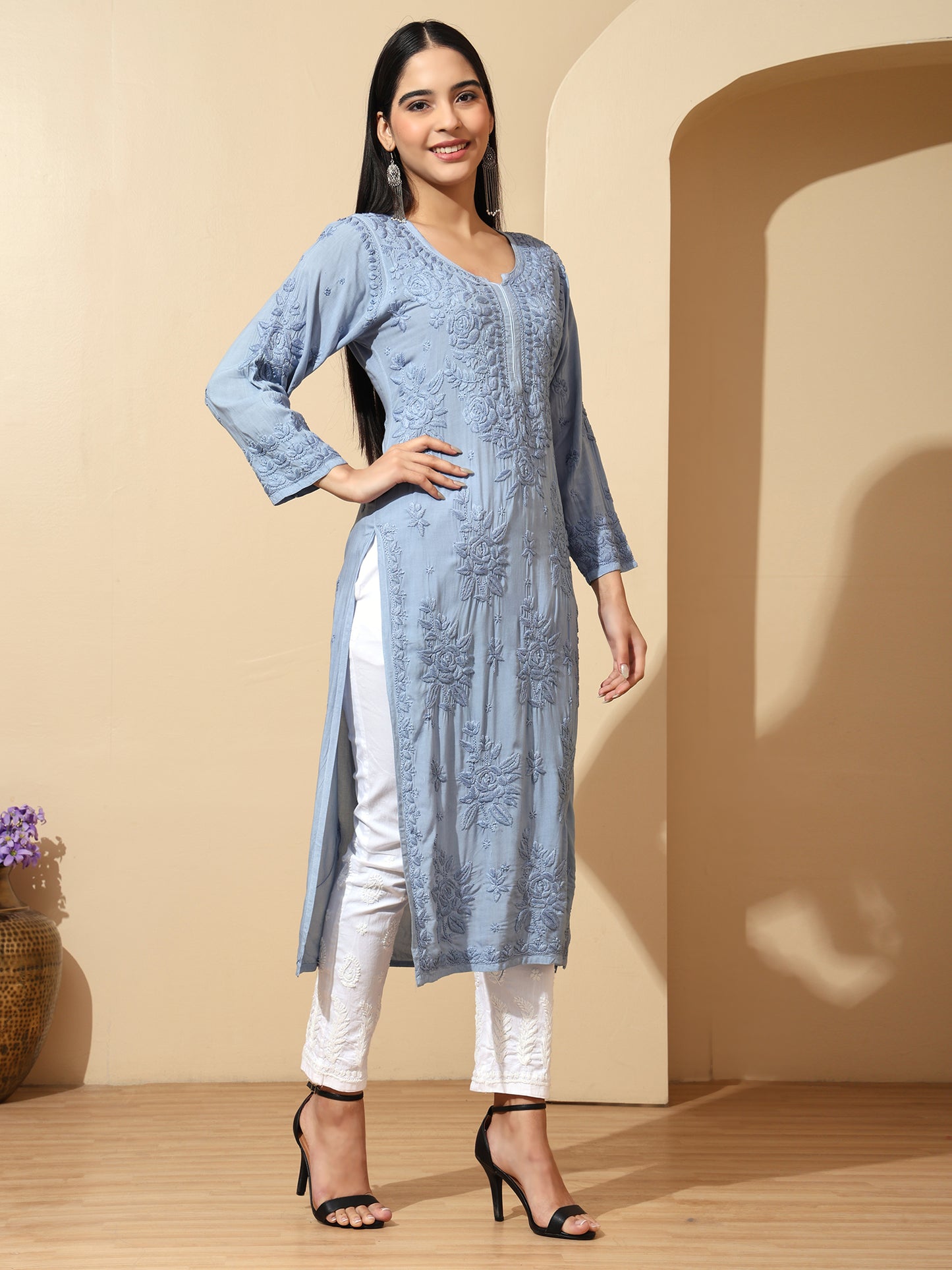 Powder Blue Modal Lucknowi Chikankari Kurti for Women with 3D Hand Embroidery – Long Ethnic Kurta